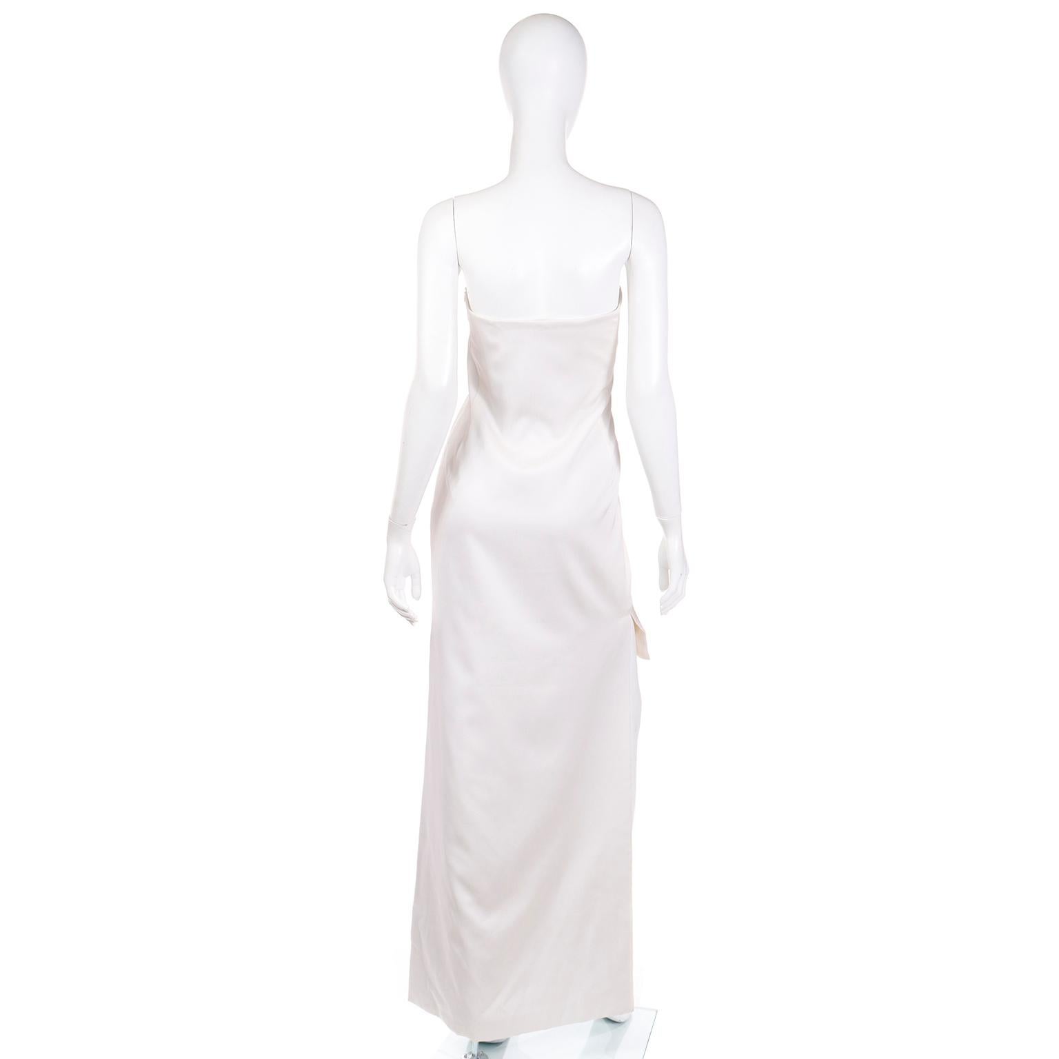2001 Tom Ford for Yves Saint Laurent Strapless White Dress w Black Feather Train For Sale 1