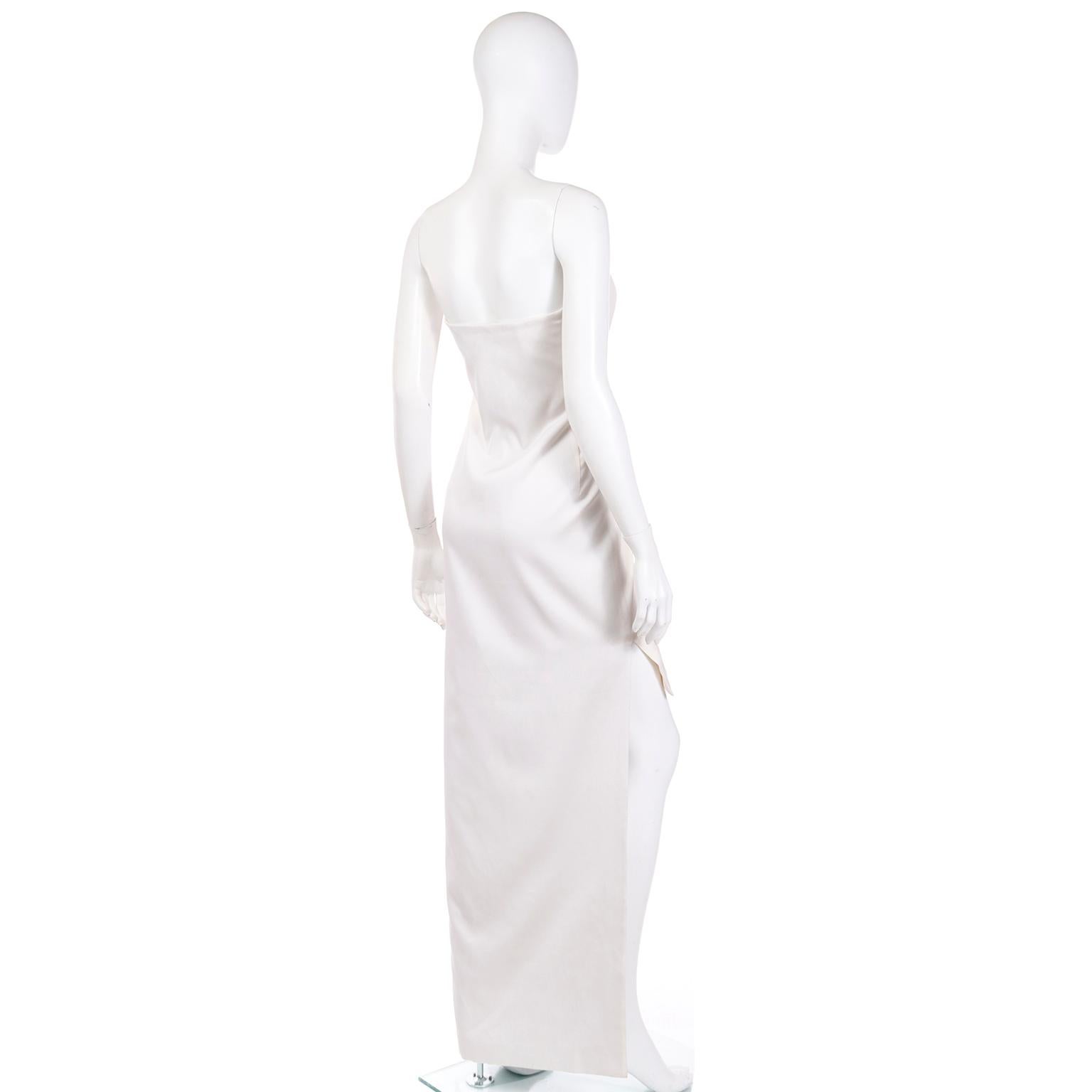 2001 Tom Ford for Yves Saint Laurent Strapless White Dress w Black Feather Train 1