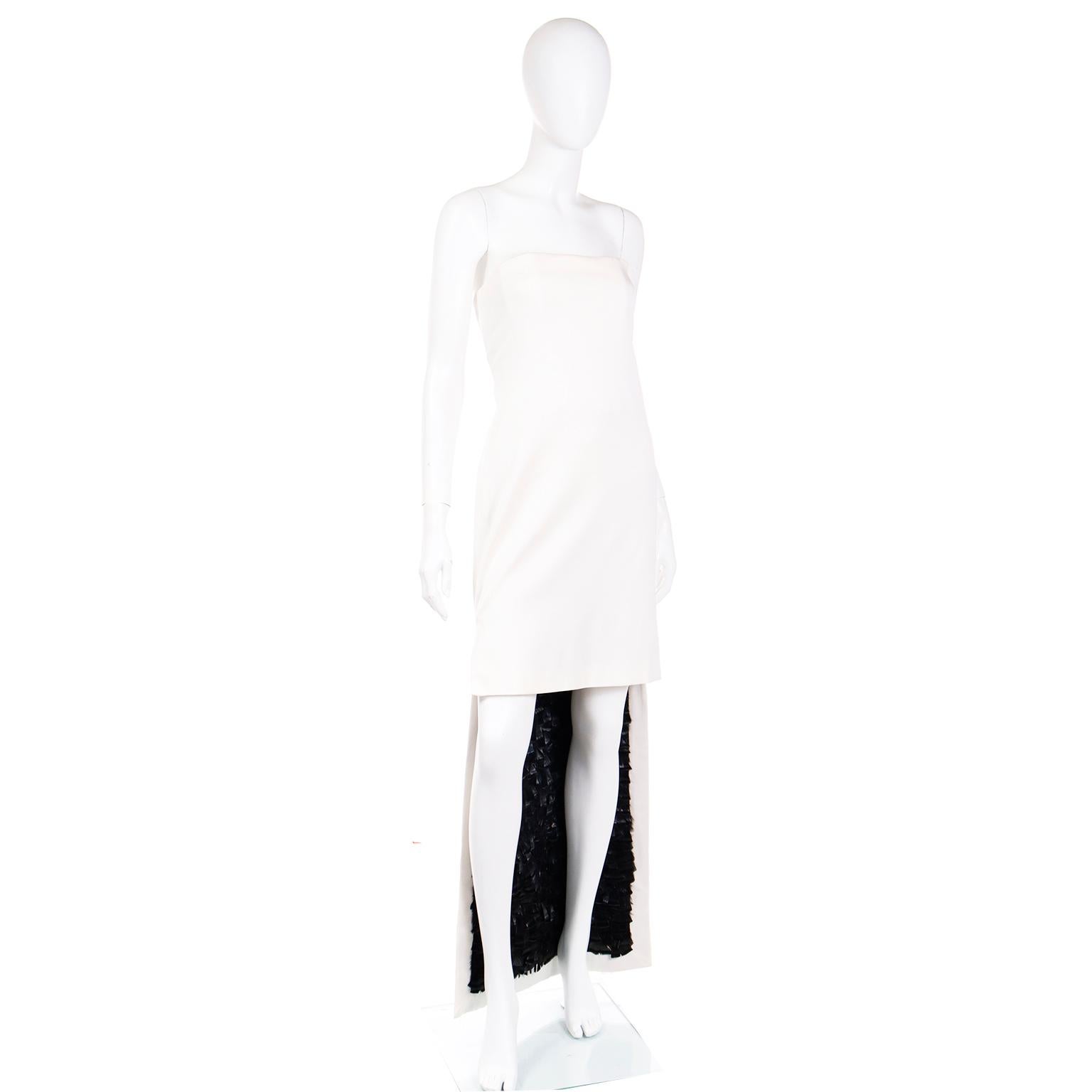2001 Tom Ford for Yves Saint Laurent Strapless White Dress w Black Feather Train For Sale 3
