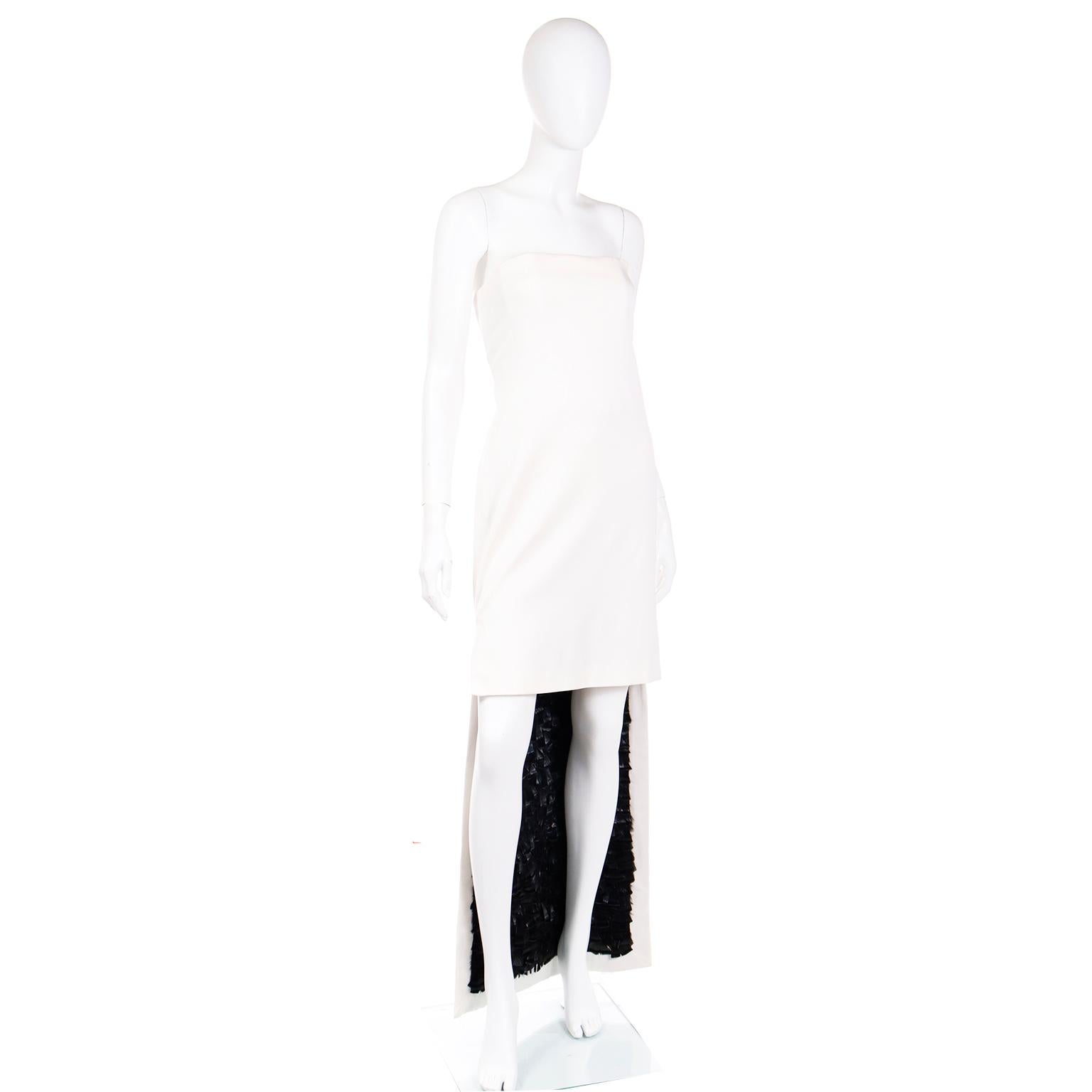 2001 Tom Ford for Yves Saint Laurent Strapless White Dress w Black Feather Train 2
