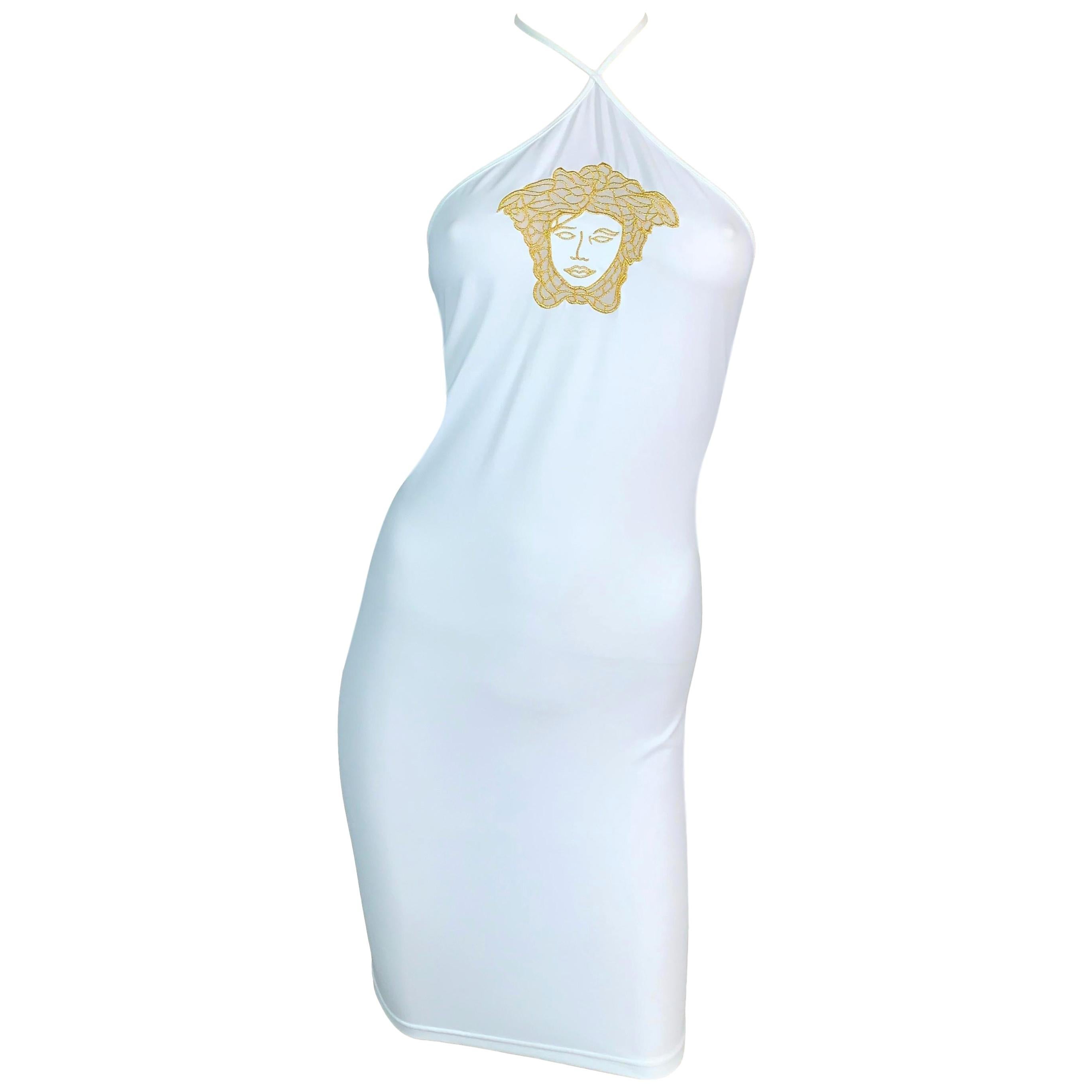 2001 Versace White Nylon Bodycon Gold Medusa Dress