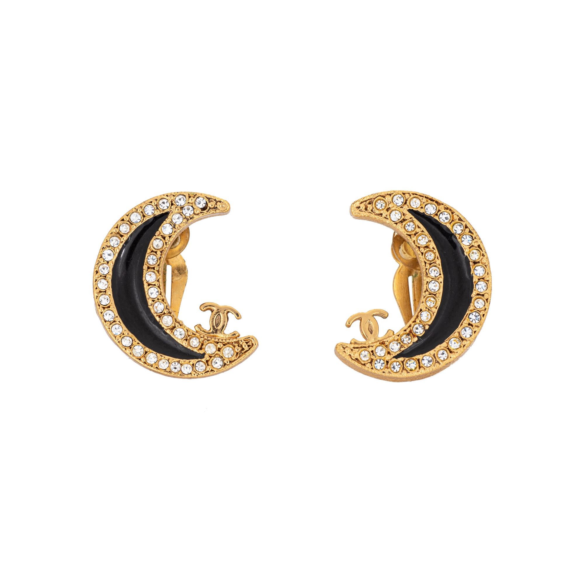 Modern 2001 Vintage Chanel Crescent Moon Earrings Crystal Clip On Yellow Gold Tone