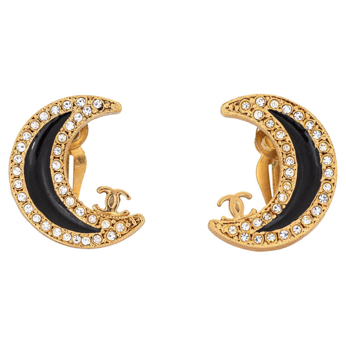 2001 Vintage Chanel Crescent Moon Earrings Crystal Clip On Yellow Gold Tone