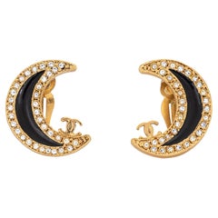 2001 Vintage Chanel Crescent Moon Earrings Crystal Clip On Yellow Gold Tone