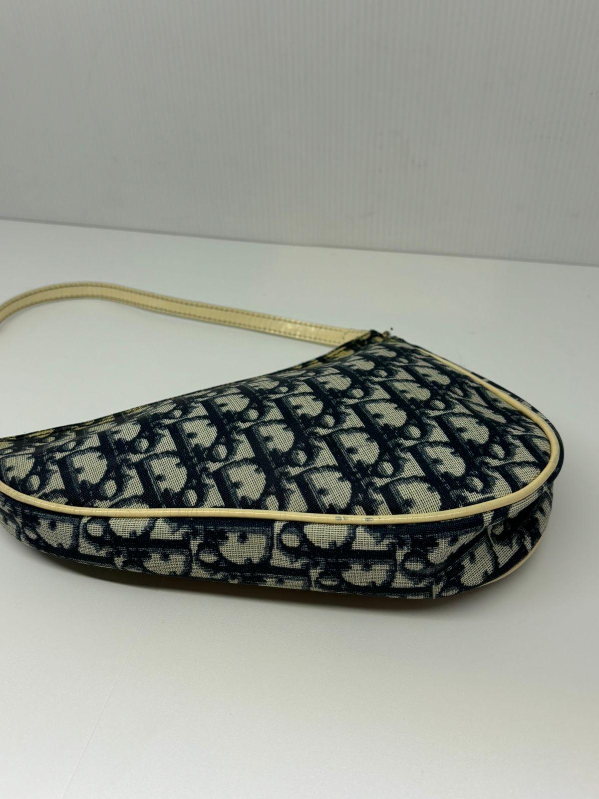 Women's 2001 Vintage Christian Dior Navy Oblique Saddle PVC Zip Pochette For Sale
