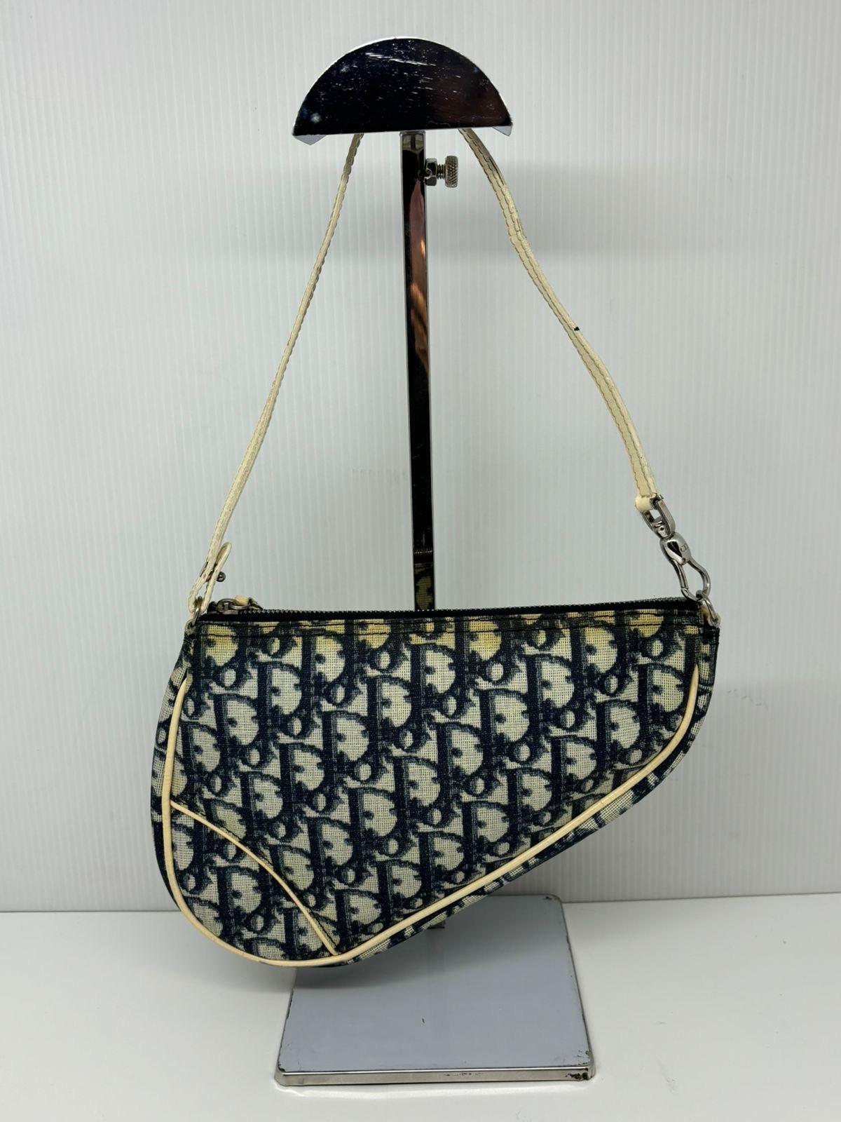 2001 Vintage Christian Dior Navy Oblique Saddle PVC Zip Pochette For Sale 1
