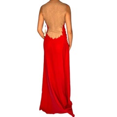 2001 Vintage Gianni Versace Couture Red Silk Chiffon and Nude Lace Gown