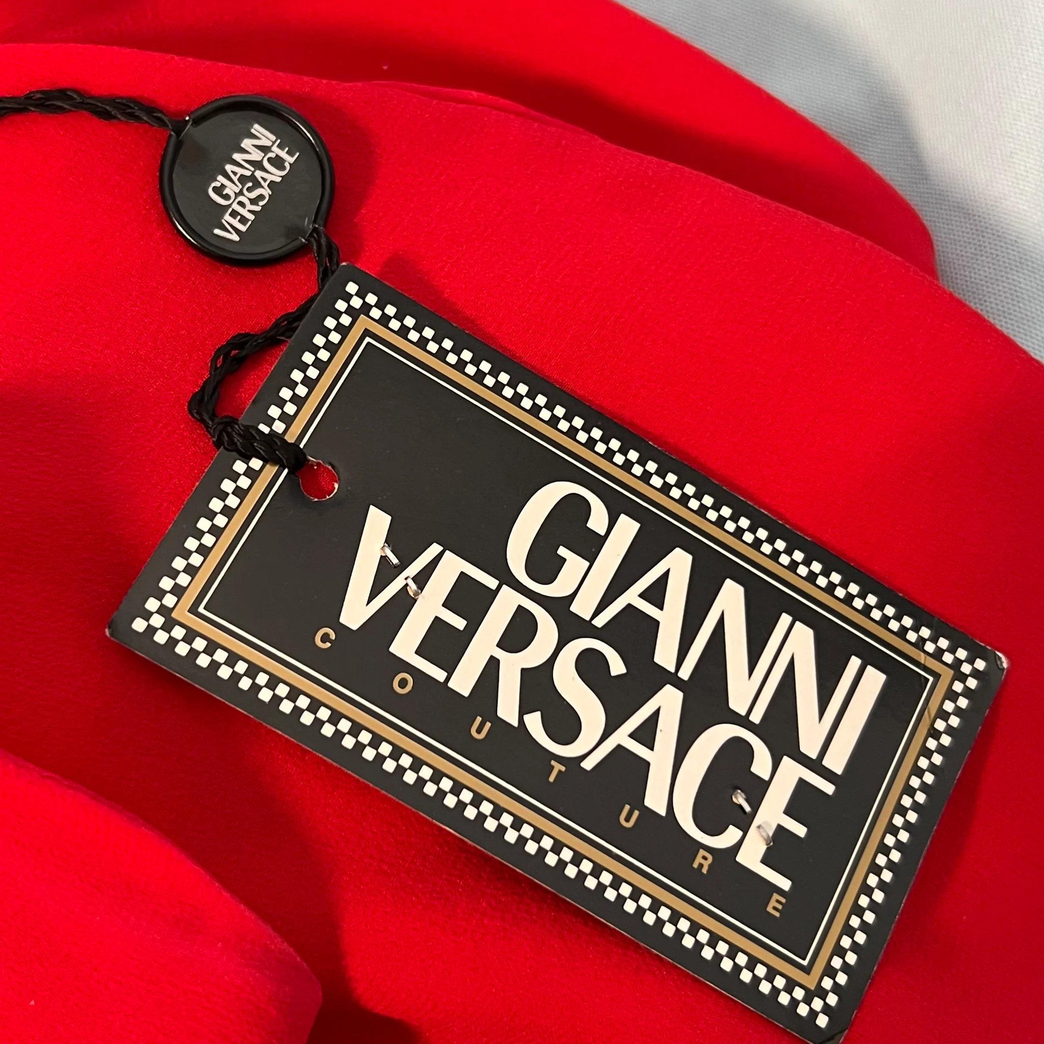 2001 Vintage Gianni Versace Couture Red Silk Chiffon and Nude Lace Gown 3