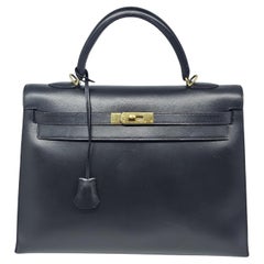 2001 Vintage Hermes Black Box Leather Kelly 35 Bag
