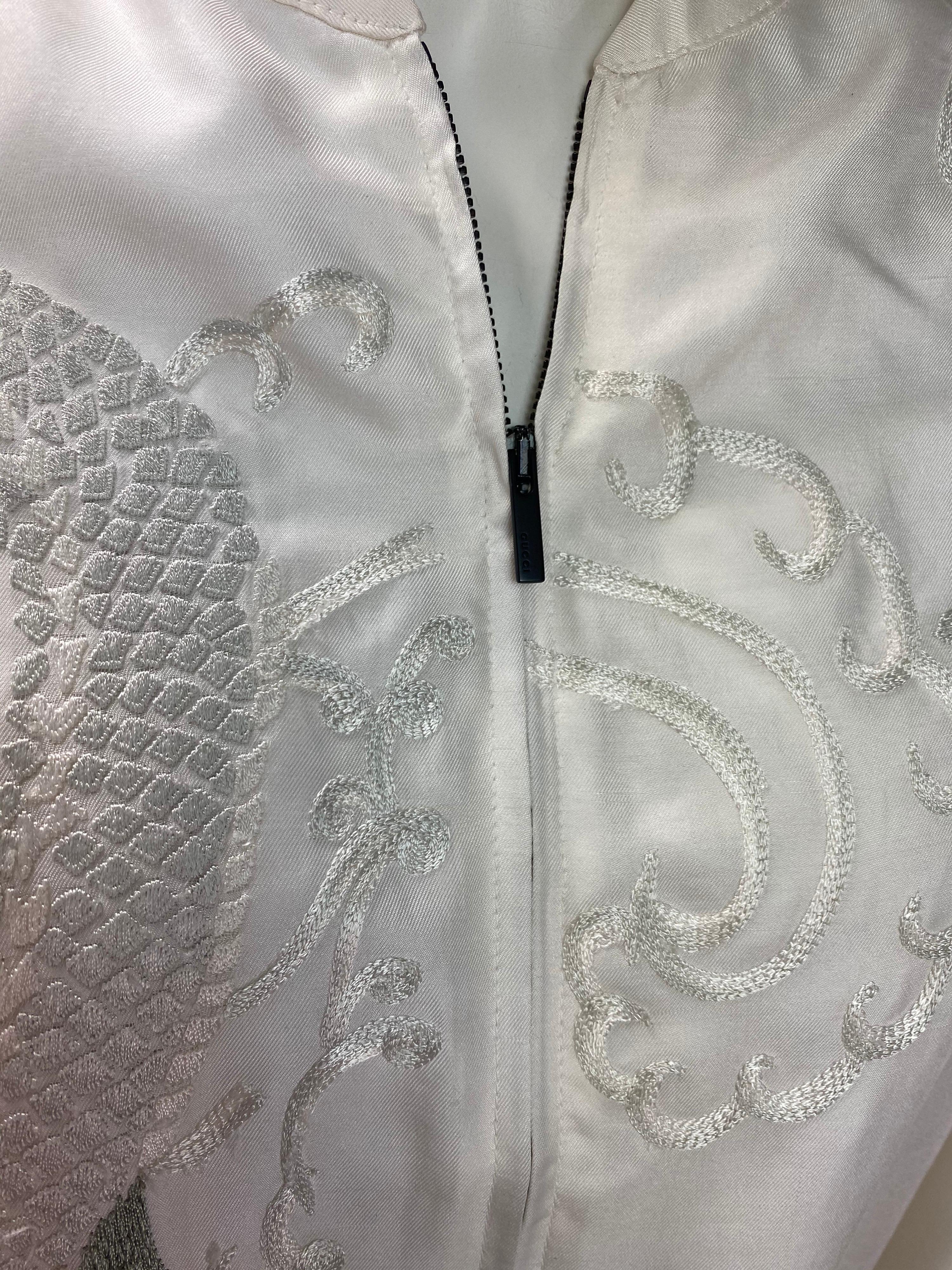 Gray 2001 Vintage Tom Ford for Gucci White Silk Bomber Jacket with Dragon Embroidery 