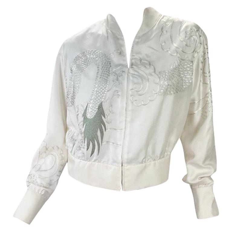 2001 Vintage Tom Ford for Gucci White Silk Bomber Jacket with Dragon Embroidery 