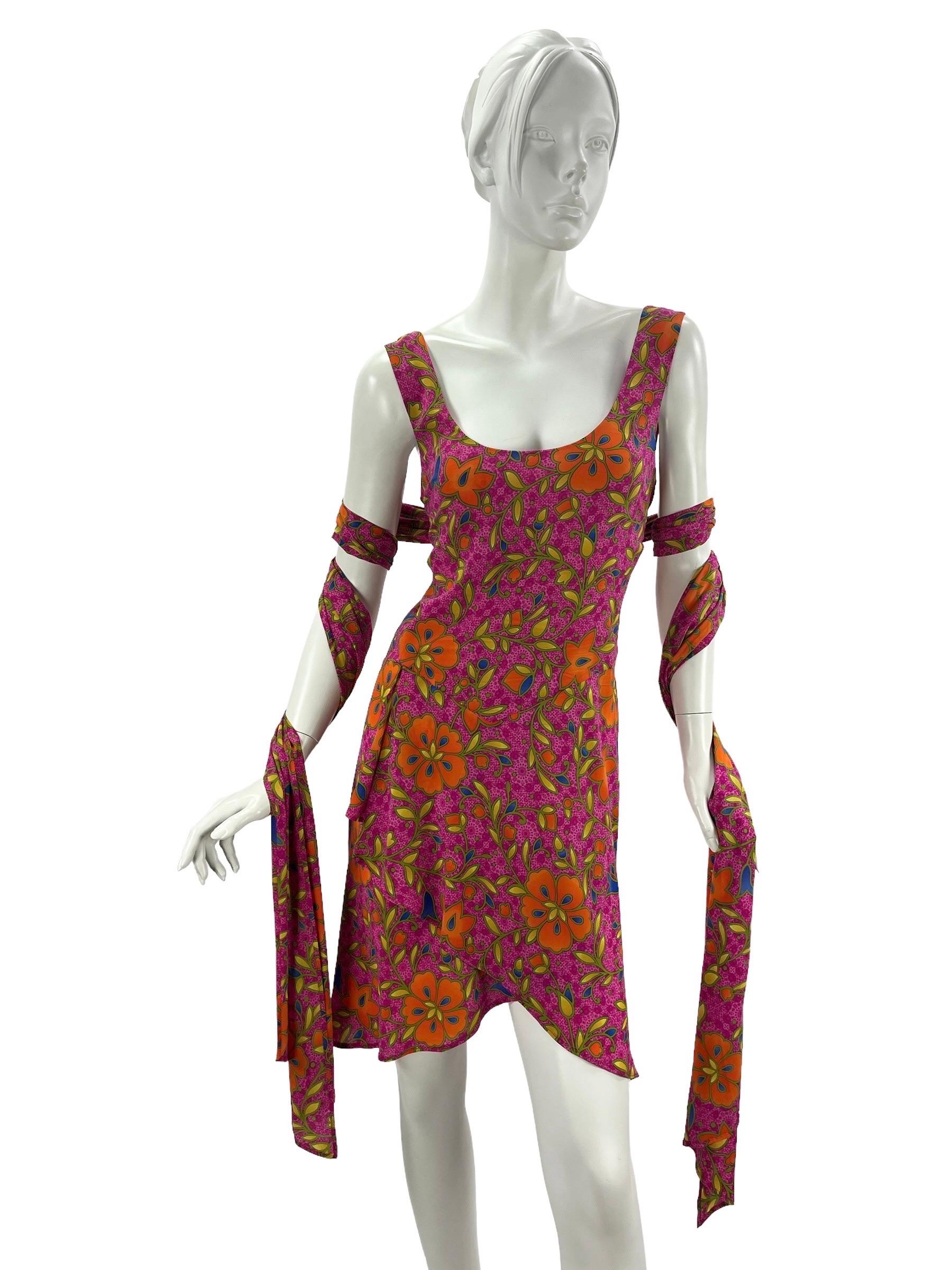 2001 Vintage Versace Floral Print Hot Pink Dress 
Italian size 42  - US 6 
Finished with long scarf which lets you play and adjust it according to your mood. Wrap style skirt. Fully lined.
Measurements: Bust 32