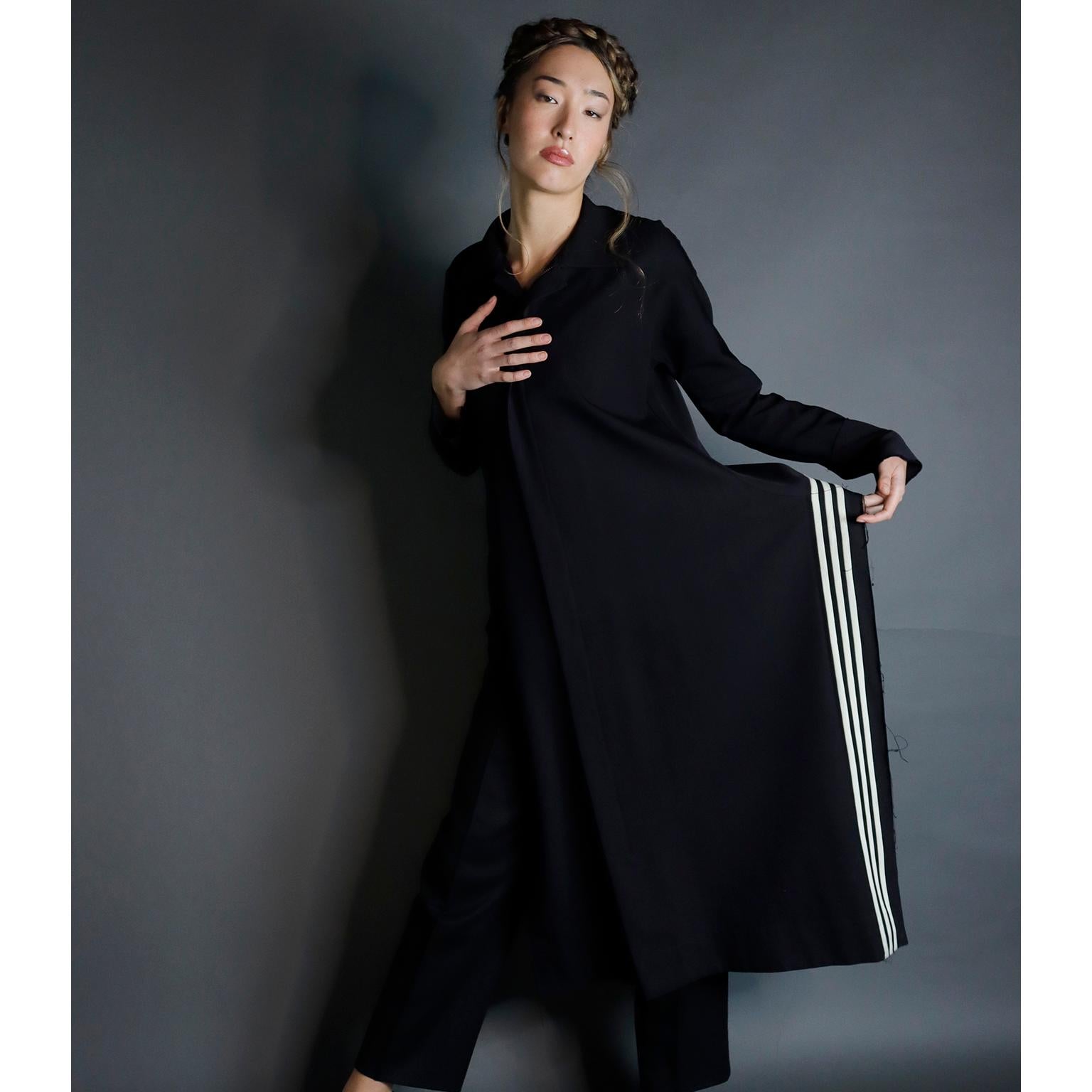 2001 Yohji Yamamoto Avant Garde Black Asymmetrical Coat With Side Stripes In Excellent Condition In Portland, OR
