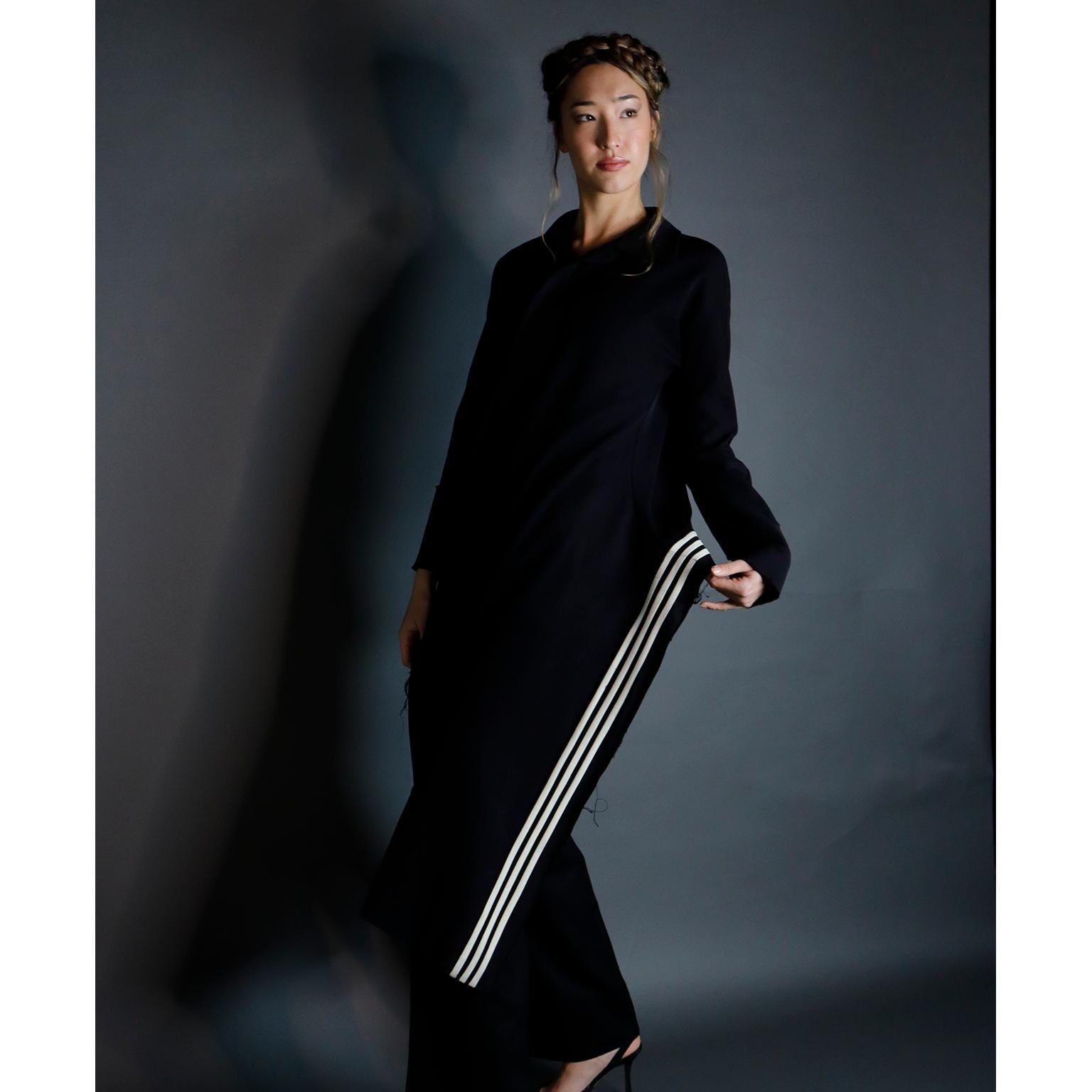 Women's or Men's 2001 Yohji Yamamoto Avant Garde Black Asymmetrical Coat With Side Stripes 