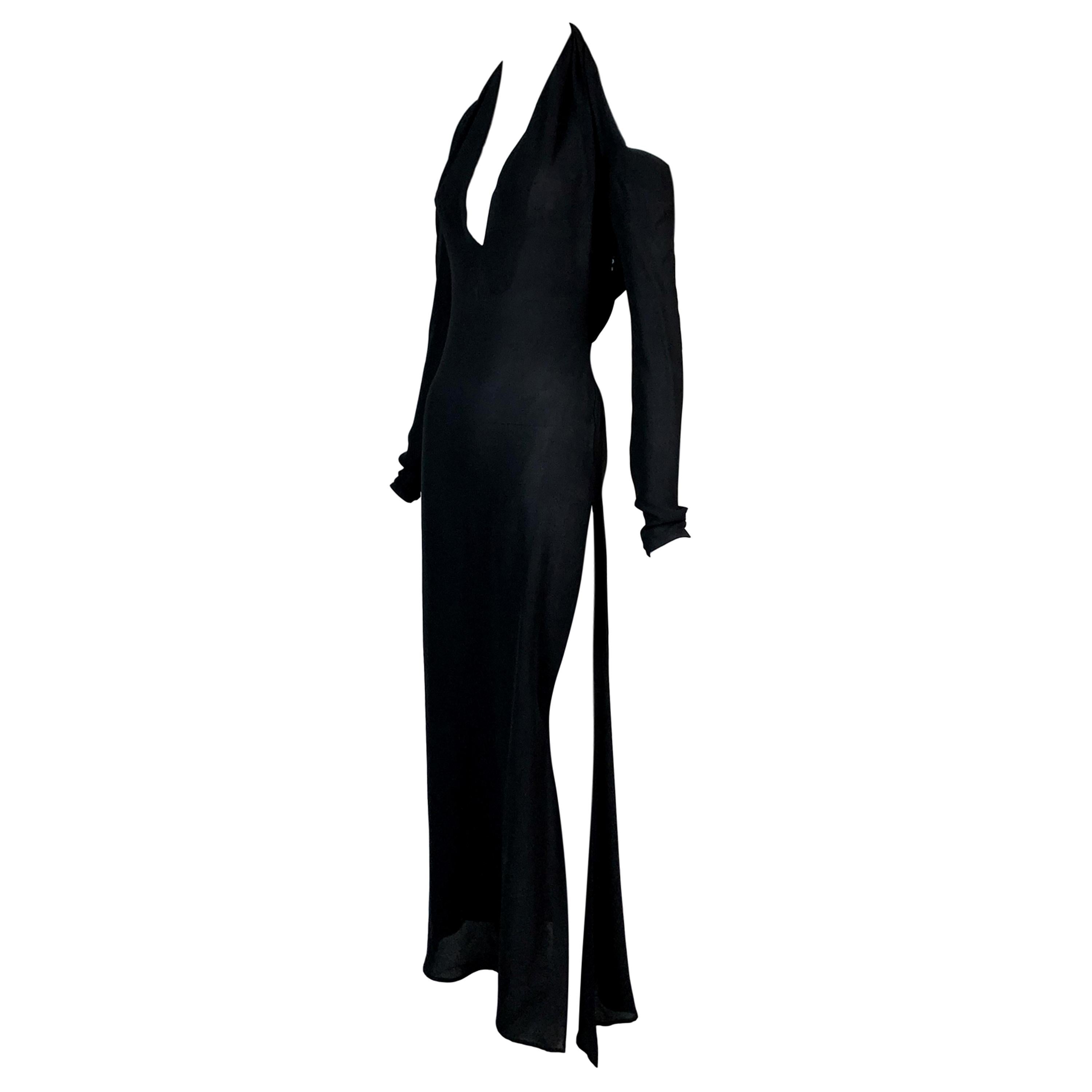 2001 Yves Saint Laurent Tom Ford Semi-Sheer Plunging High Slit Gown Maxi Dress