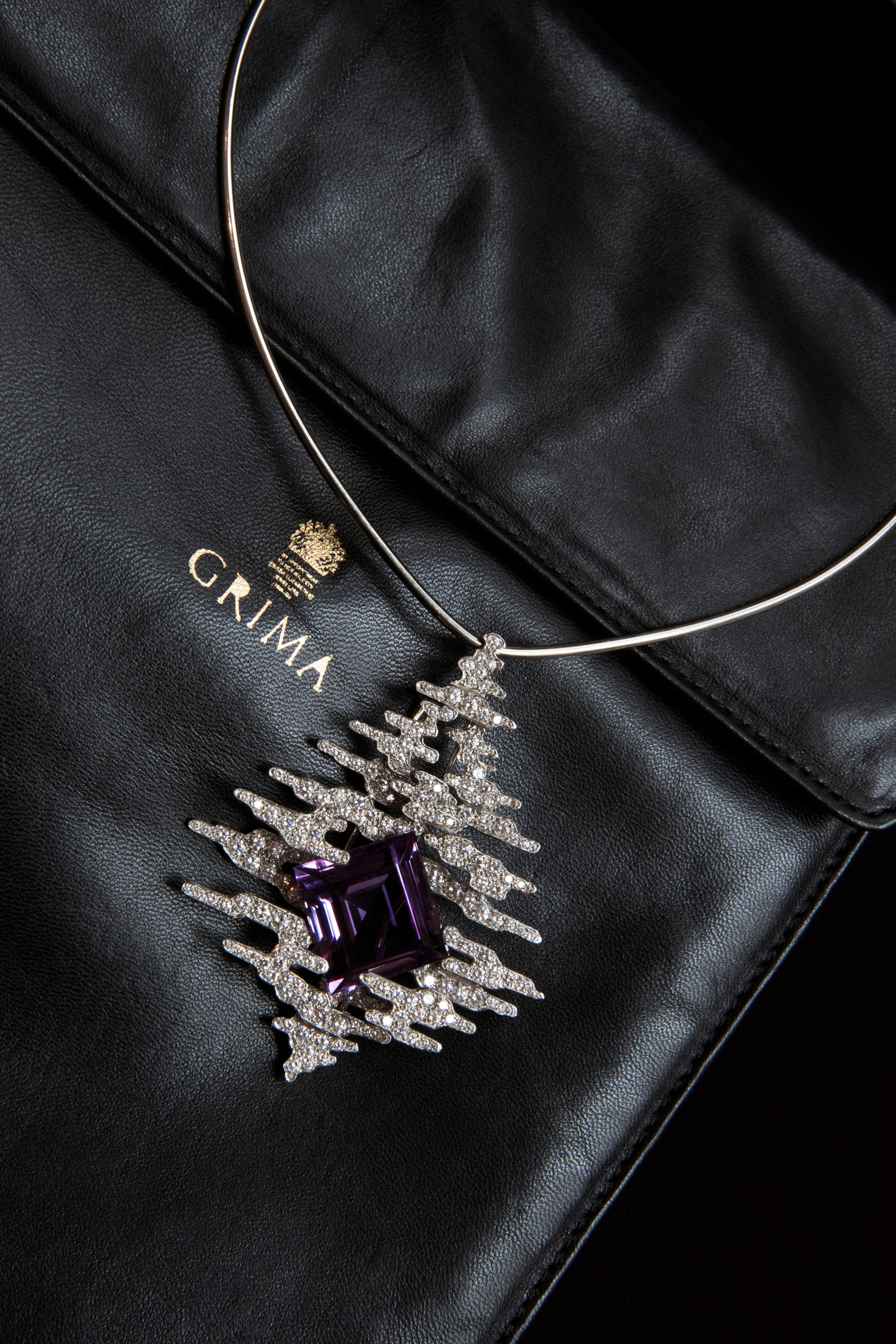 Square Cut Andrew Grima Amethyst, Diamond and Gold Brooch/Pendant Necklace For Sale