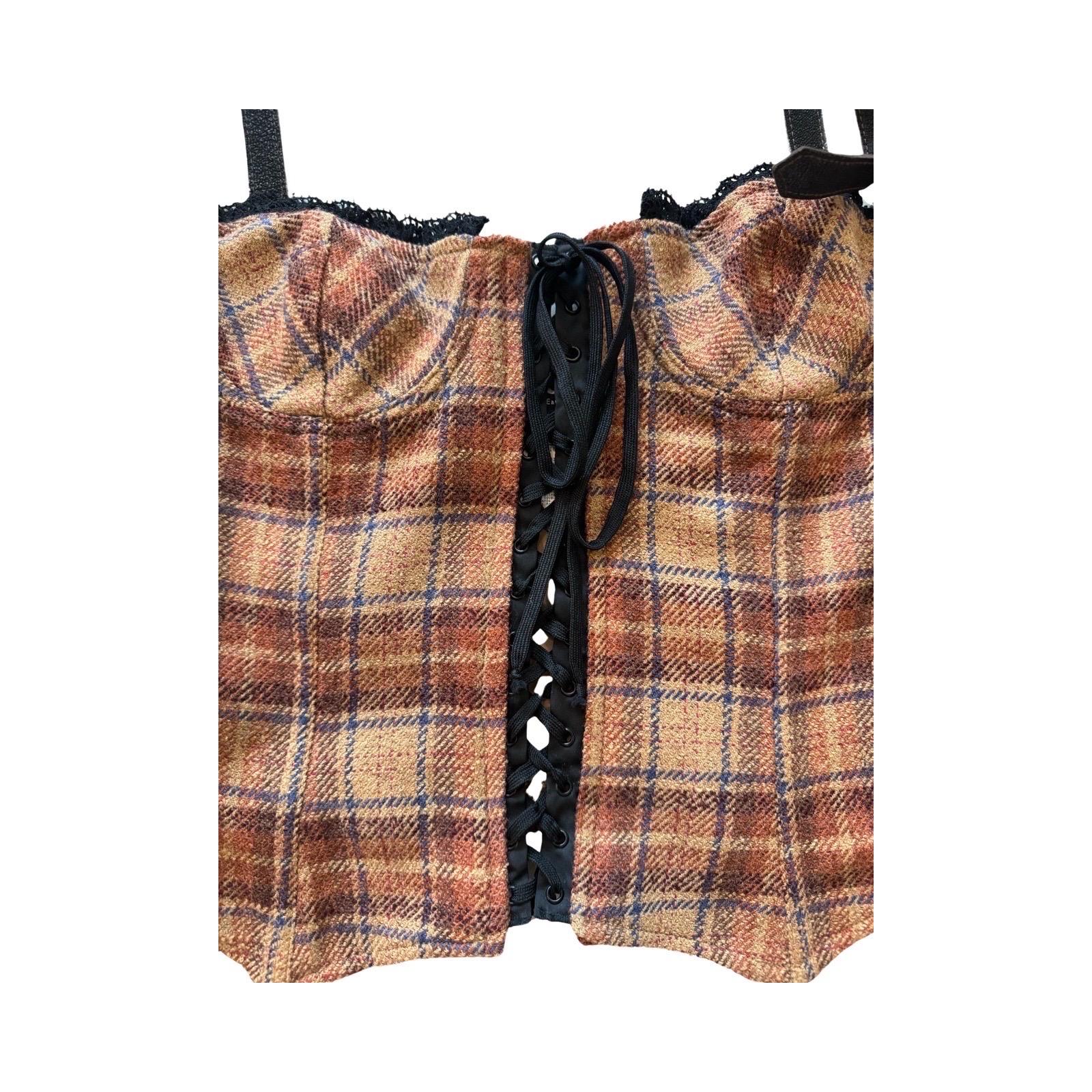 Brown 2002 AW D&G Runway Tartan Wool Corset Top For Sale