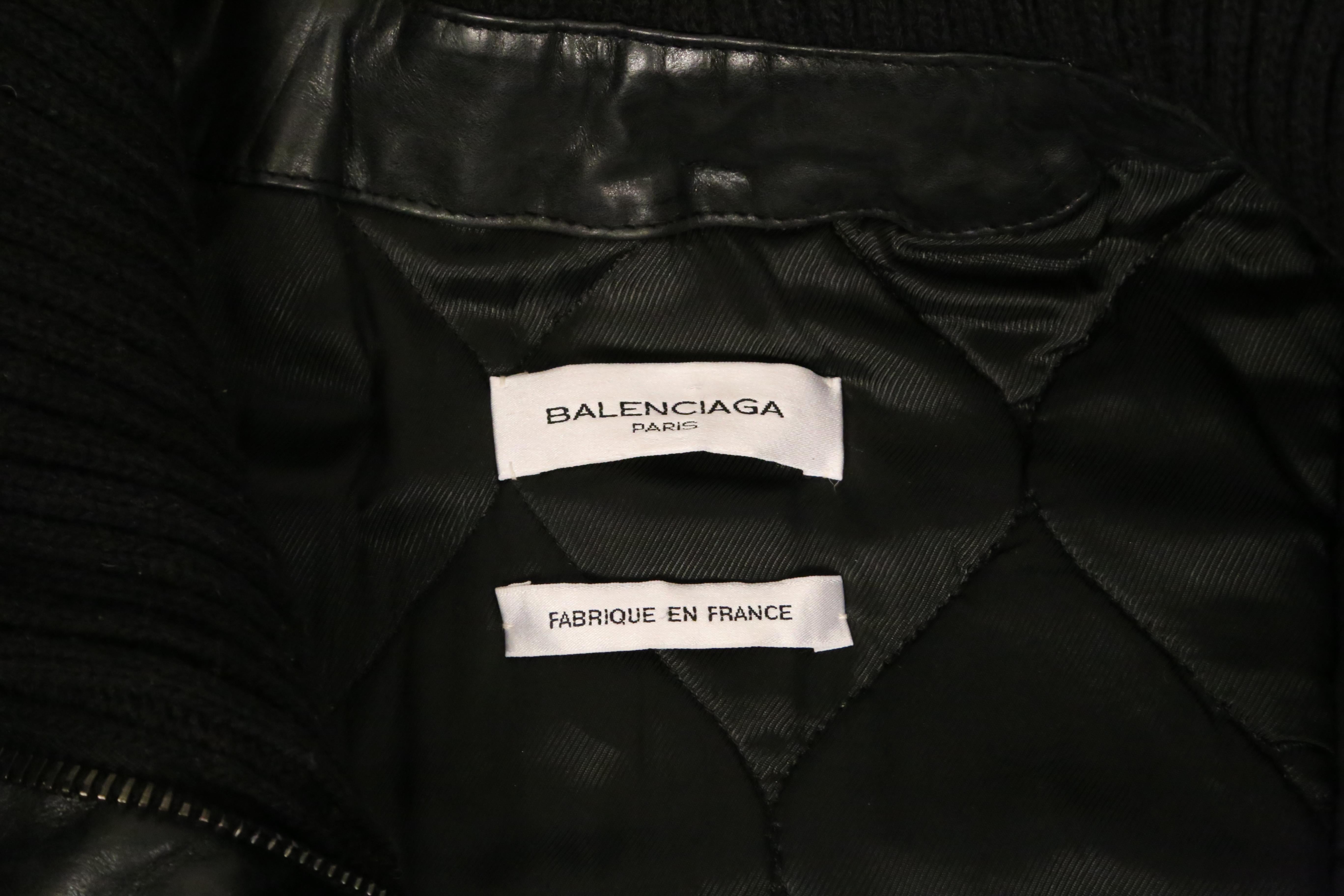 2002 BALENCIAGA by Nicolas Ghesquiere black leather runway coat with wool trim For Sale 5