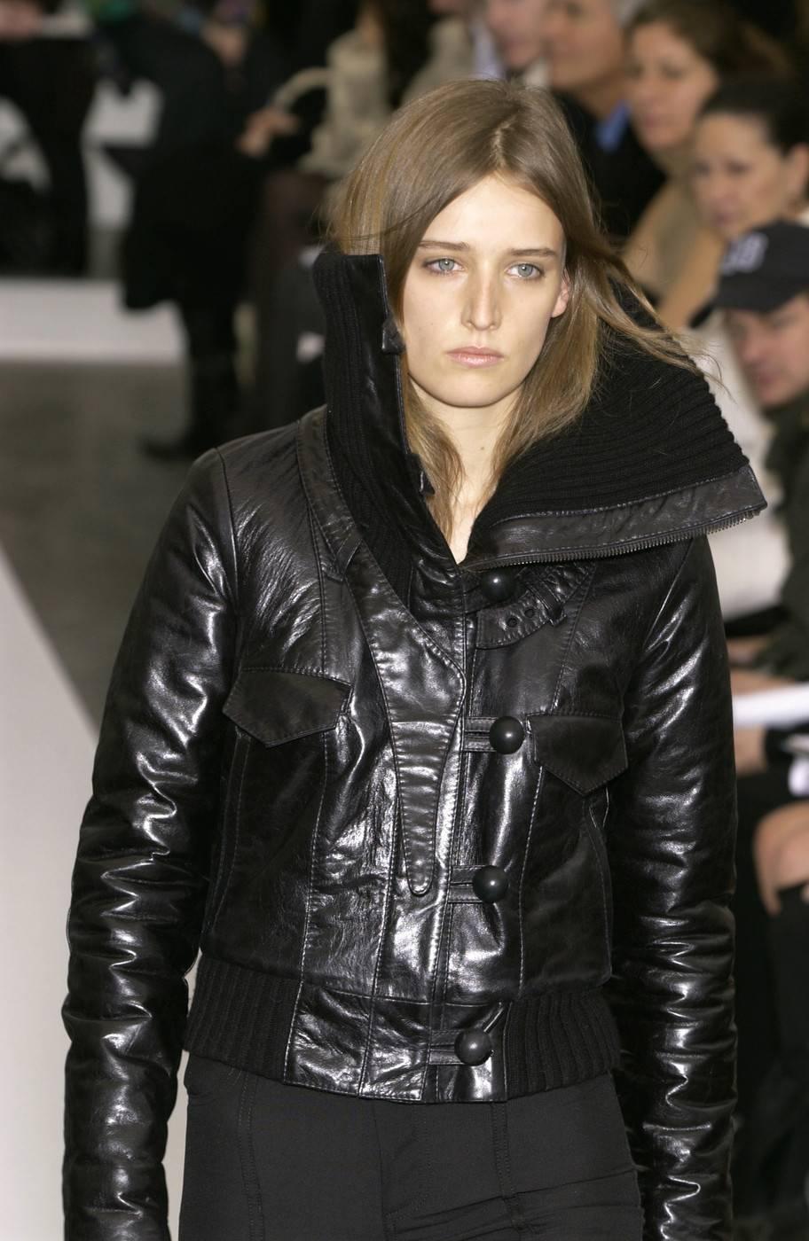 2002 BALENCIAGA by Nicolas Ghesquiere black leather runway coat with wool trim For Sale 7