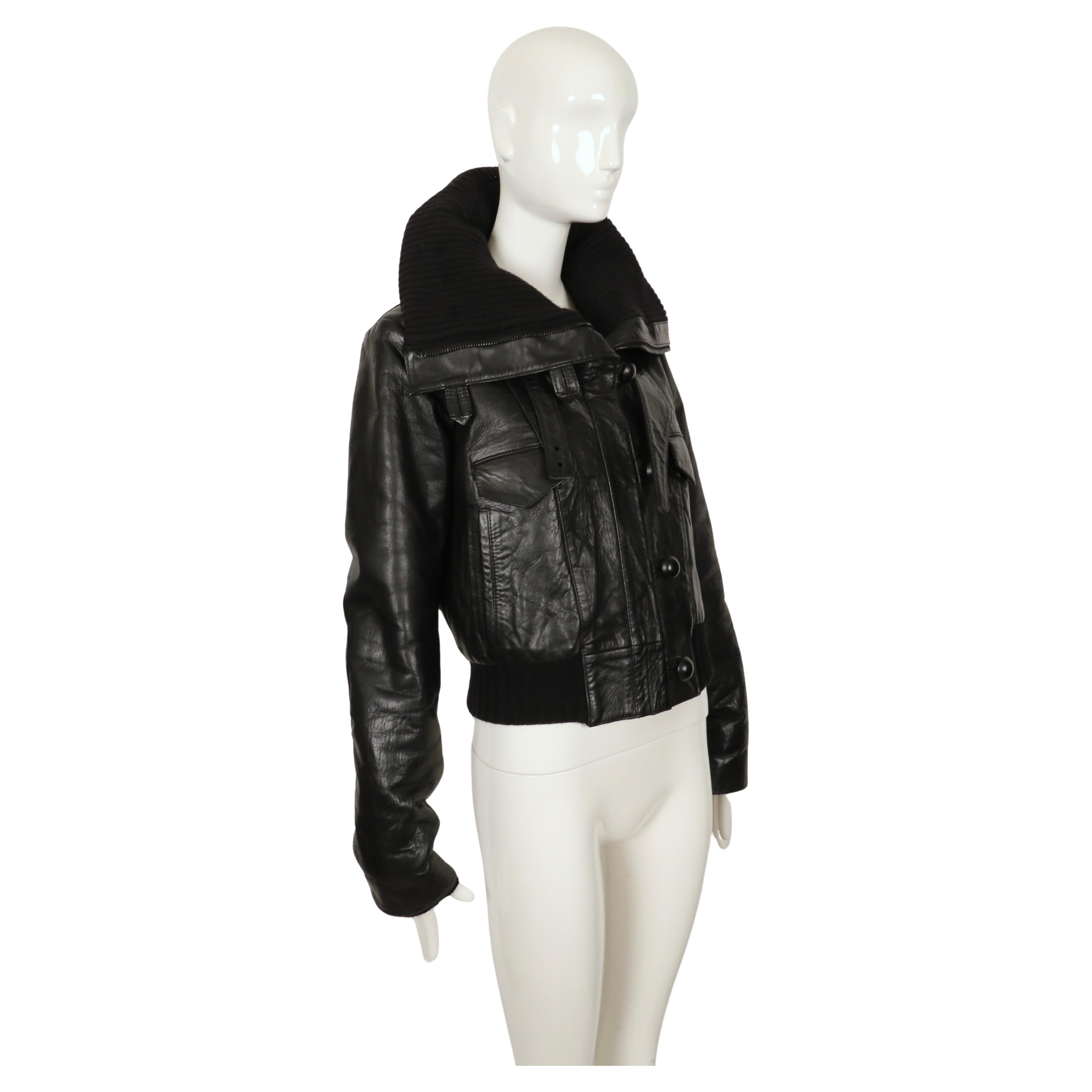 2002 BALENCIAGA by Nicolas Ghesquiere black leather runway coat with wool trim In Good Condition For Sale In San Fransisco, CA