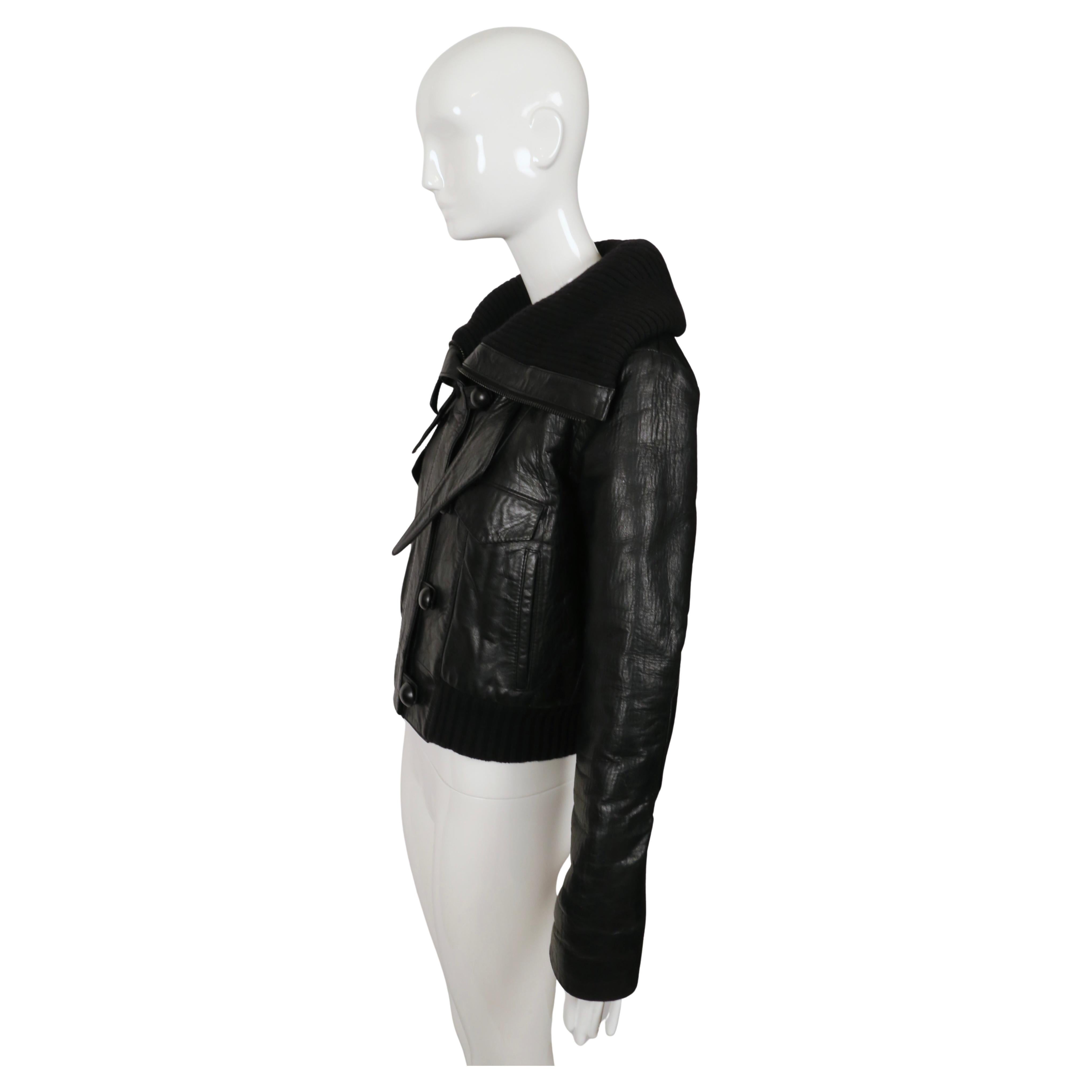 2002 BALENCIAGA by Nicolas Ghesquiere black leather runway coat with wool trim For Sale 2