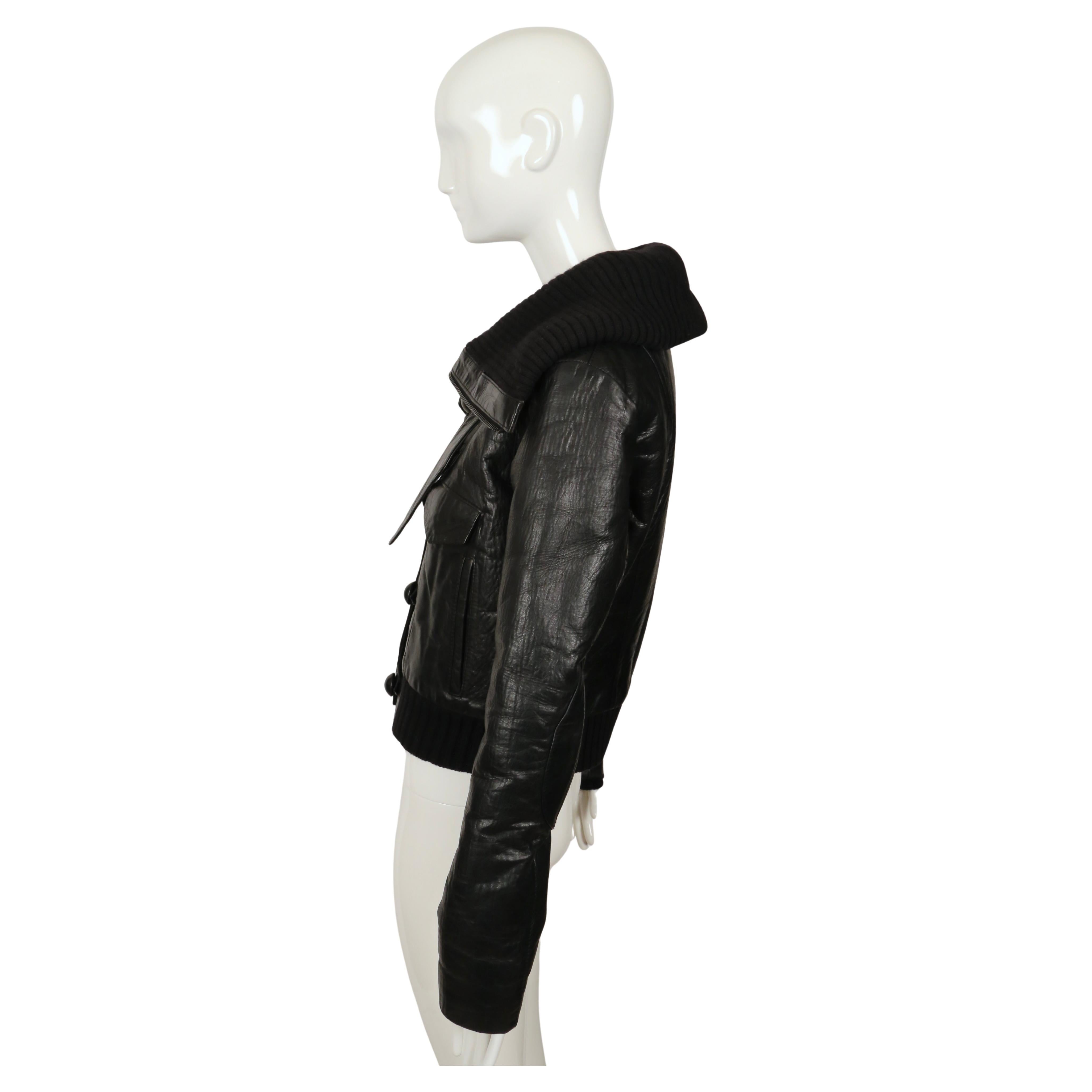 2002 BALENCIAGA by Nicolas Ghesquiere black leather runway coat with wool trim For Sale 3