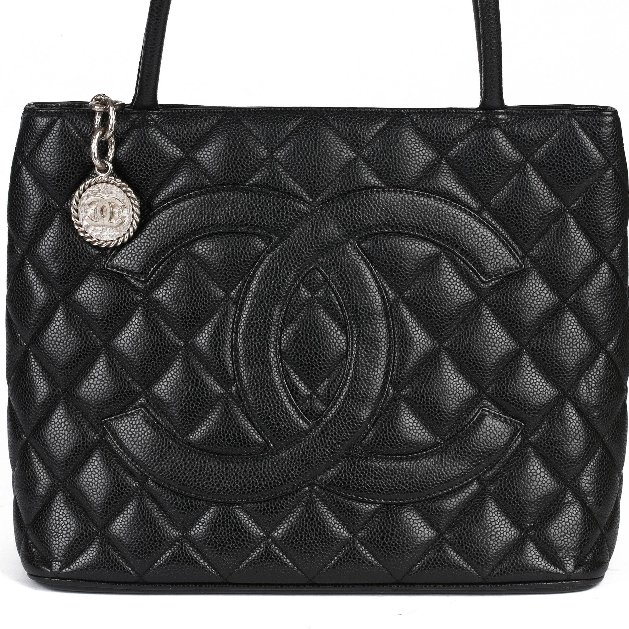 2002 Chanel Black Quilted Caviar Leather Vintage Medallion Tote  4