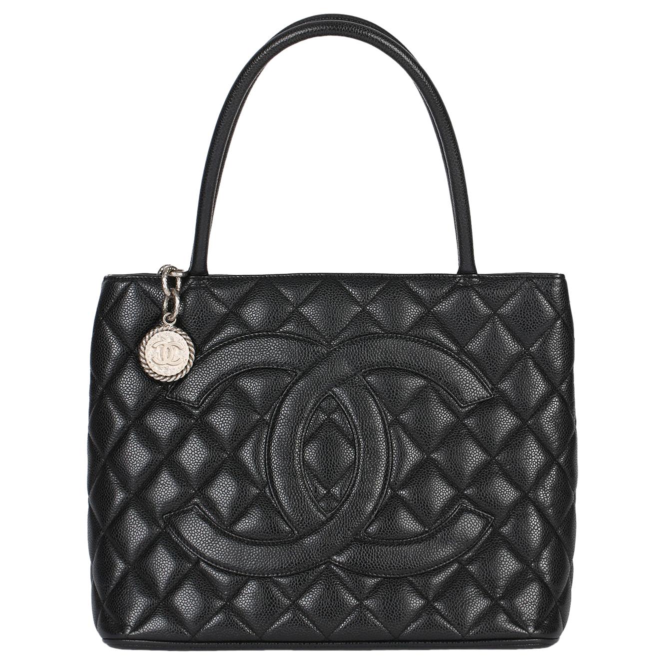2002 Chanel Black Quilted Caviar Leather Vintage Medallion Tote 