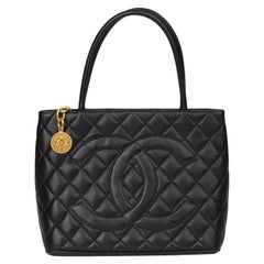 2002 Chanel Black Quilted Caviar Leather Vintage Medallion Tote