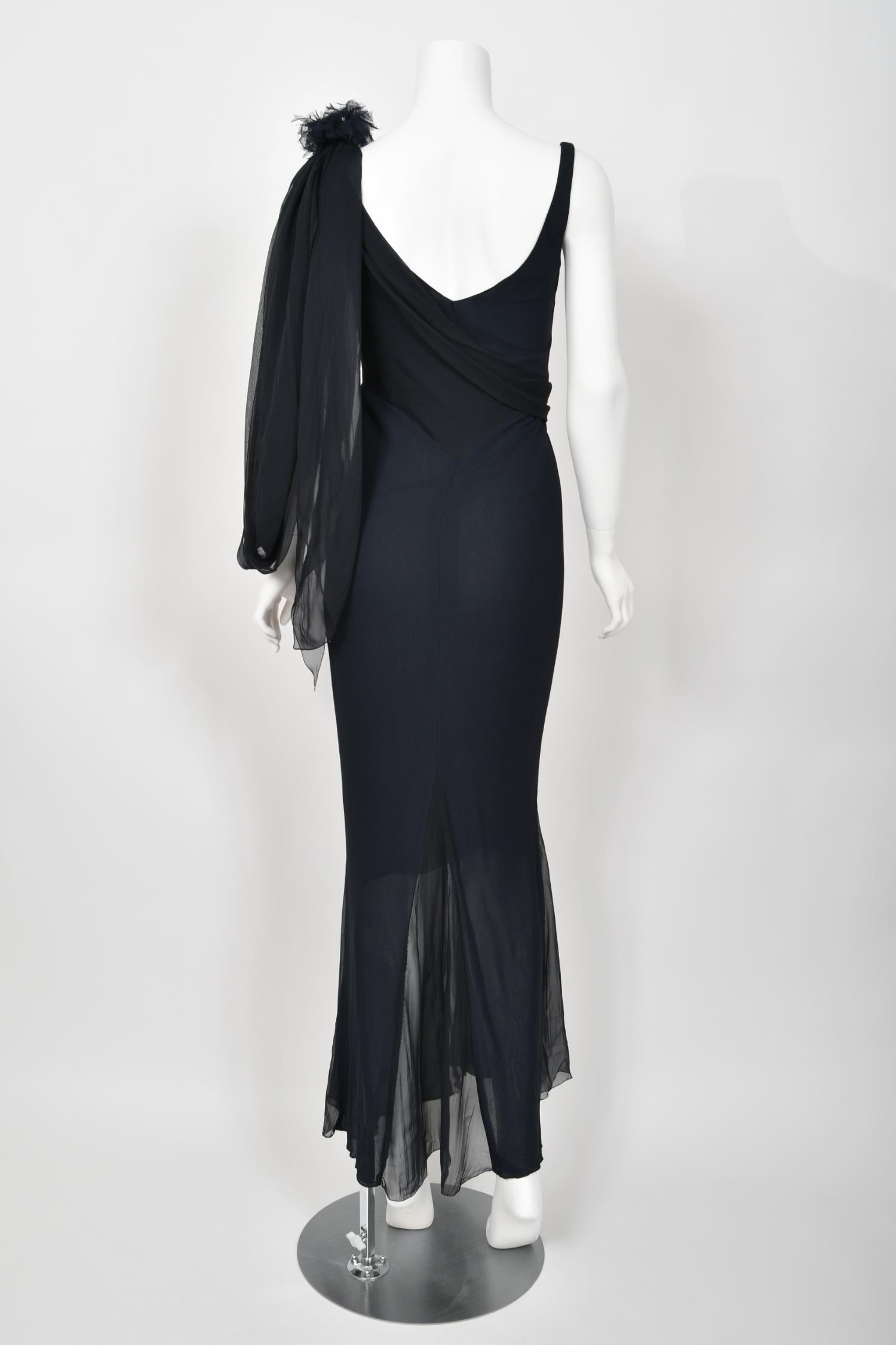 2002 Chanel Cruise Collection Midnight Blue Silk Chiffon Draped Bias-Cut Gown For Sale 12