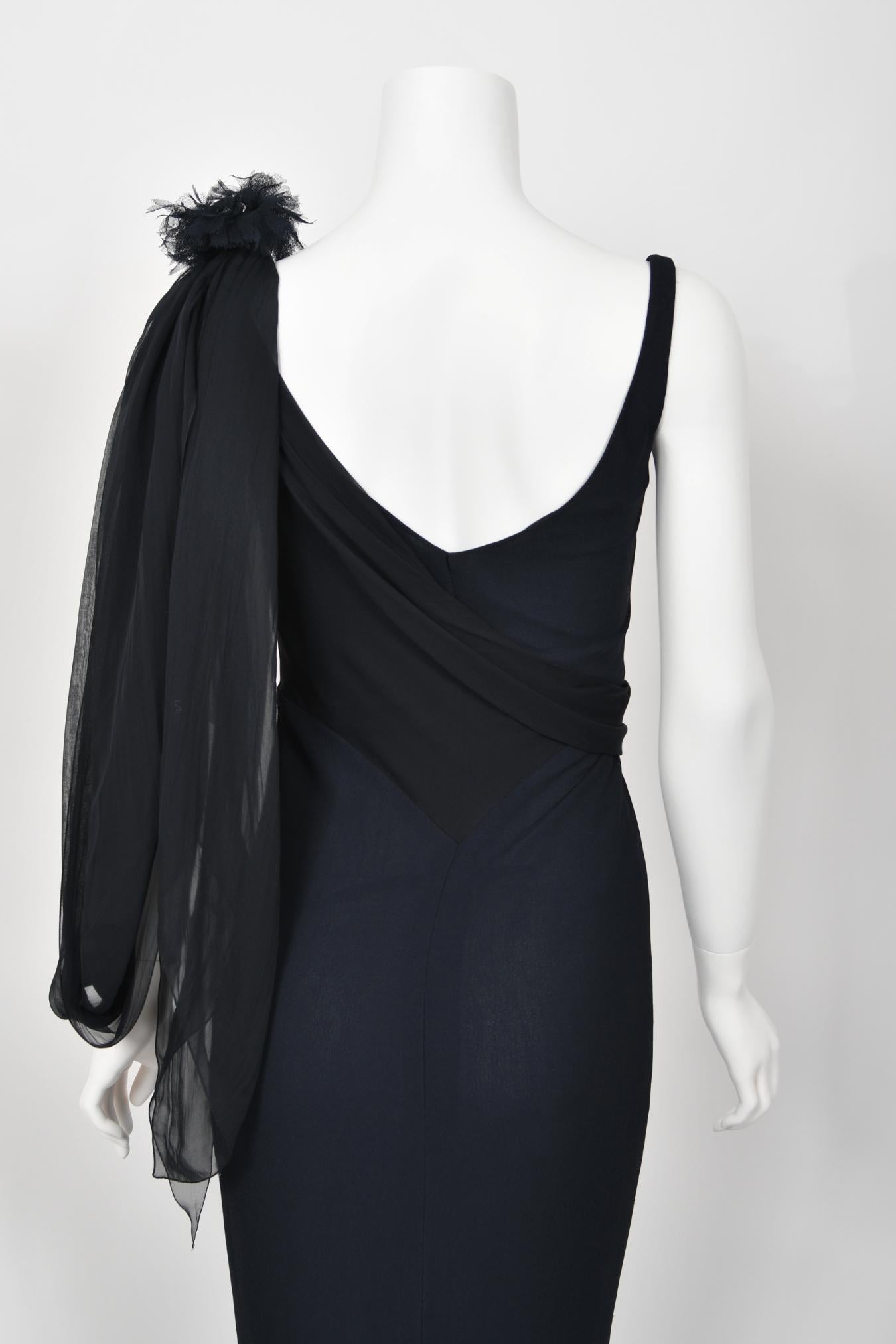 2002 Chanel Cruise Collection Midnight Blue Silk Chiffon Draped Bias-Cut Gown For Sale 13