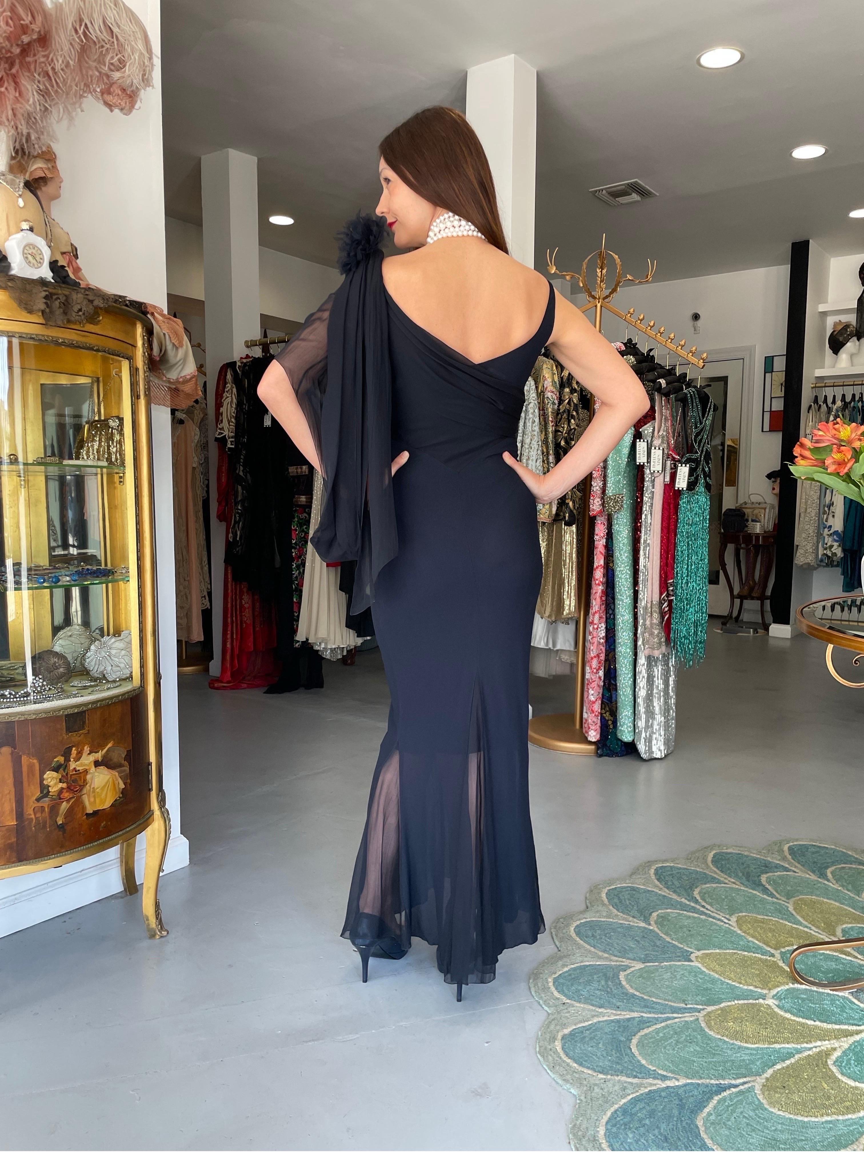 2002 Chanel Cruise Collection Midnight Blue Silk Chiffon Draped Bias-Cut Gown For Sale 13