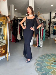 2002 Chanel Cruise Collection Midnight Blue Silk Chiffon Draped Bias-Cut Gown