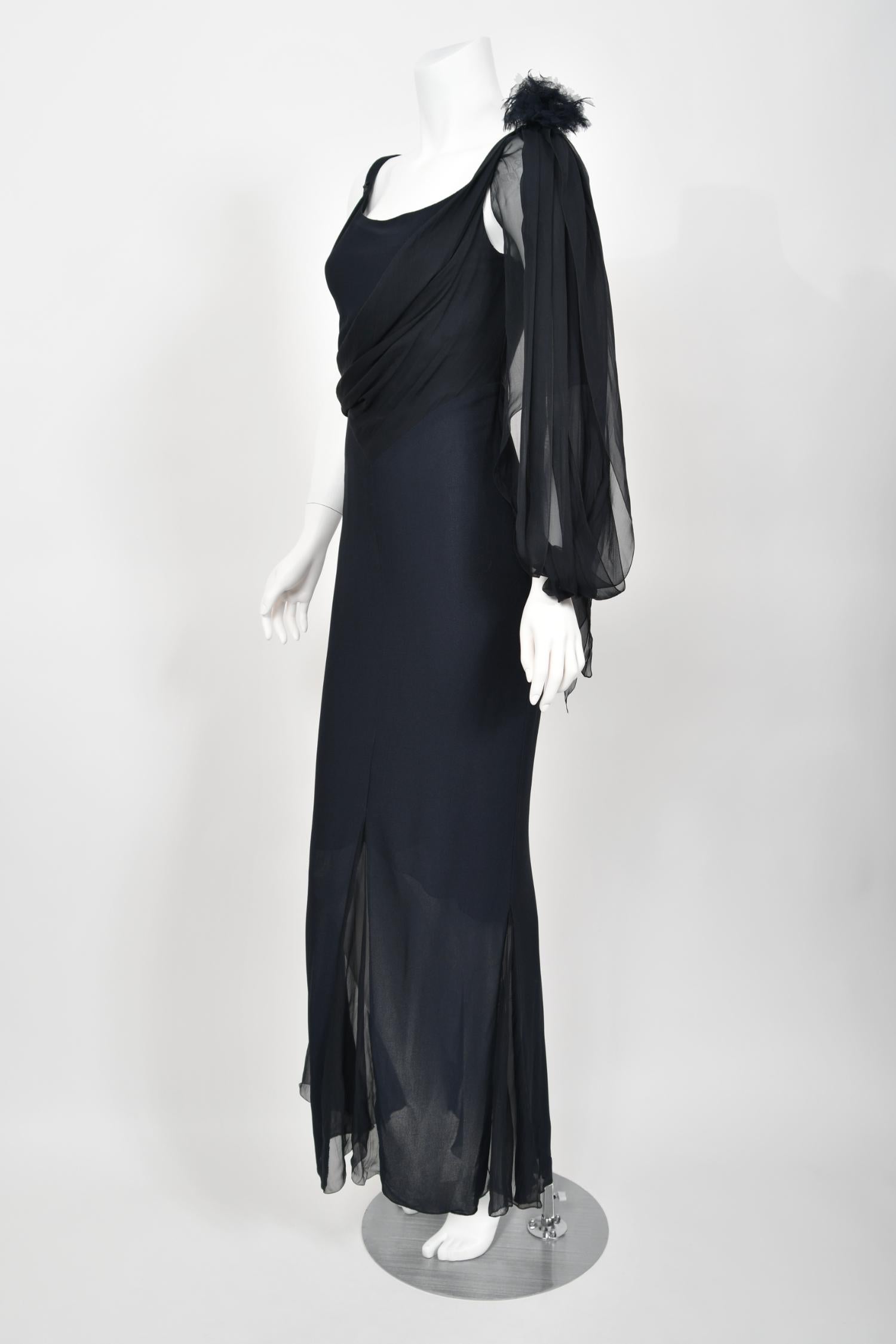 2002 Chanel Cruise Collection Midnight Blue Silk Chiffon Draped Bias-Cut Gown For Sale 2