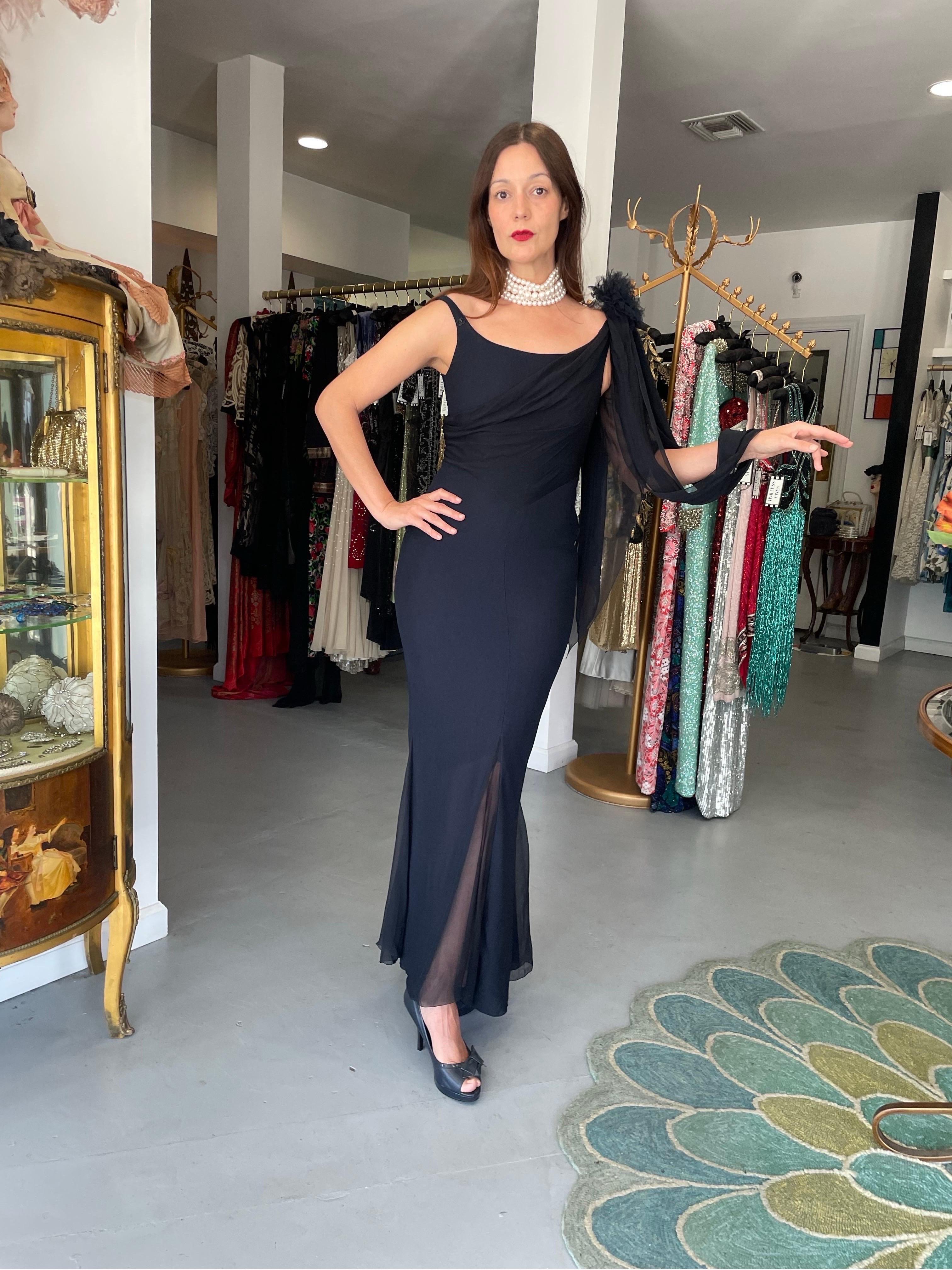 Black 2002 Chanel Cruise Collection Midnight Blue Silk Chiffon Draped Bias-Cut Gown For Sale
