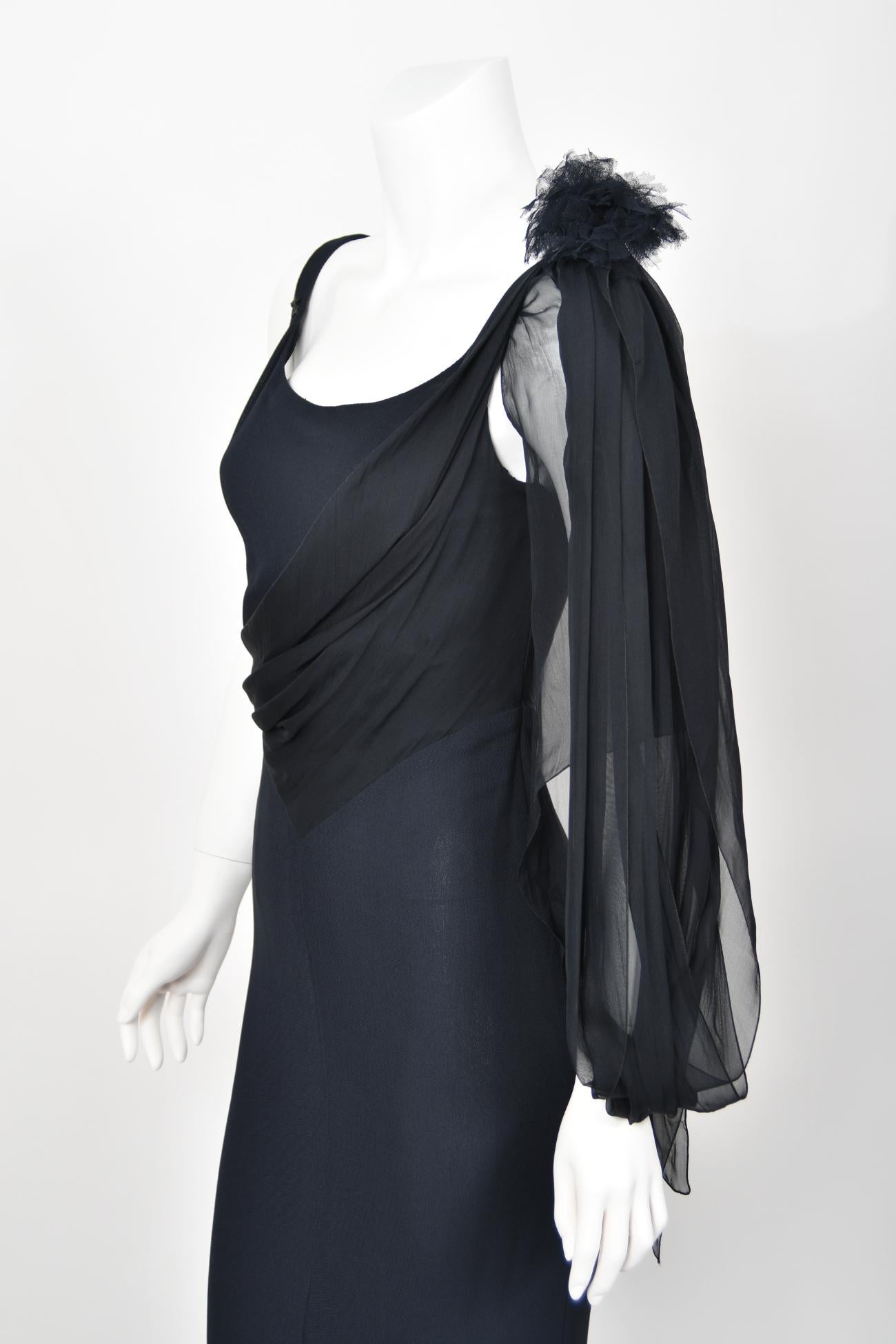 2002 Chanel Cruise Collection Midnight Blue Silk Chiffon Draped Bias-Cut Gown For Sale 3