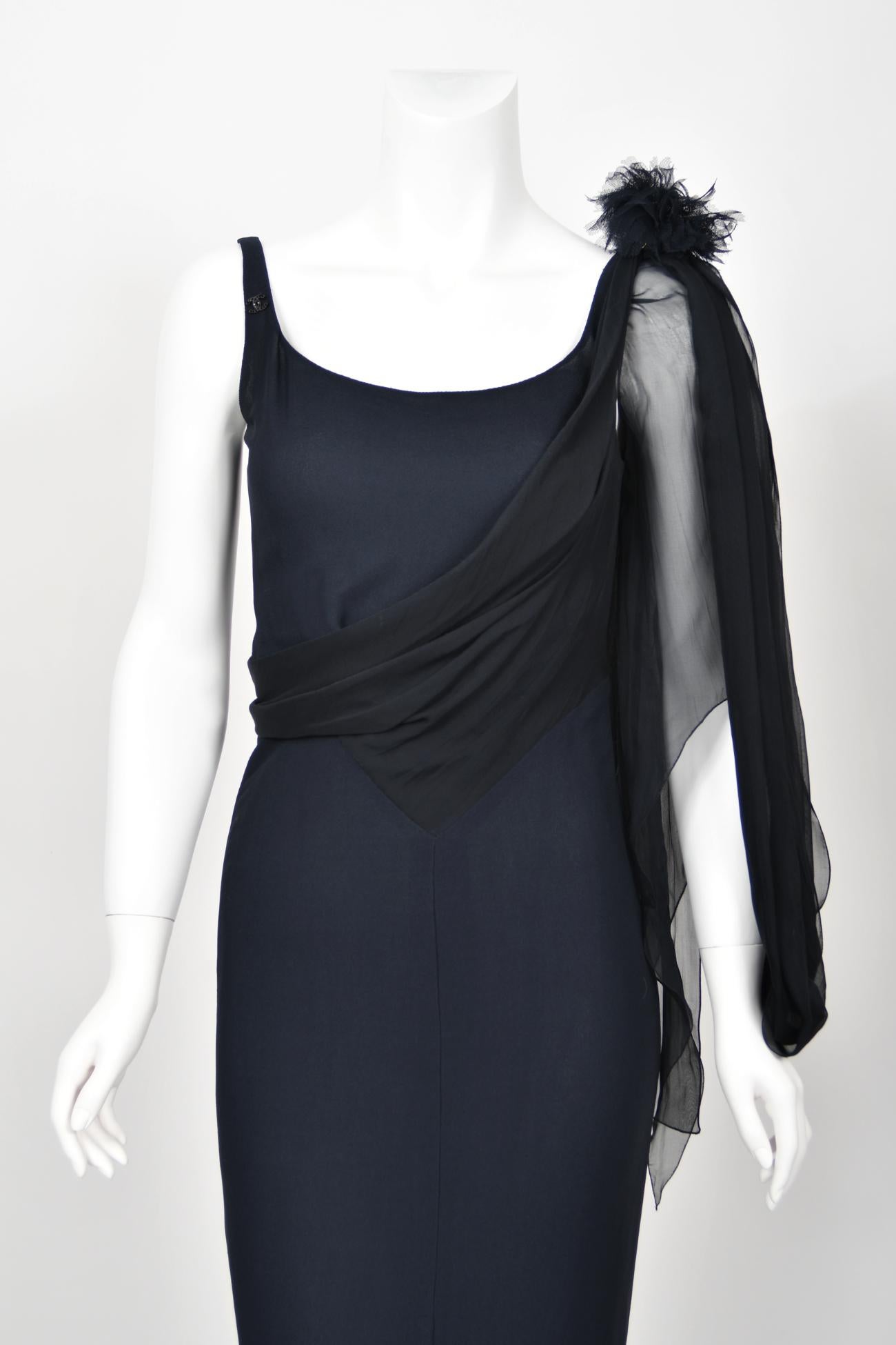 2002 Chanel Cruise Collection Midnight Blue Silk Chiffon Draped Bias-Cut Gown For Sale 4