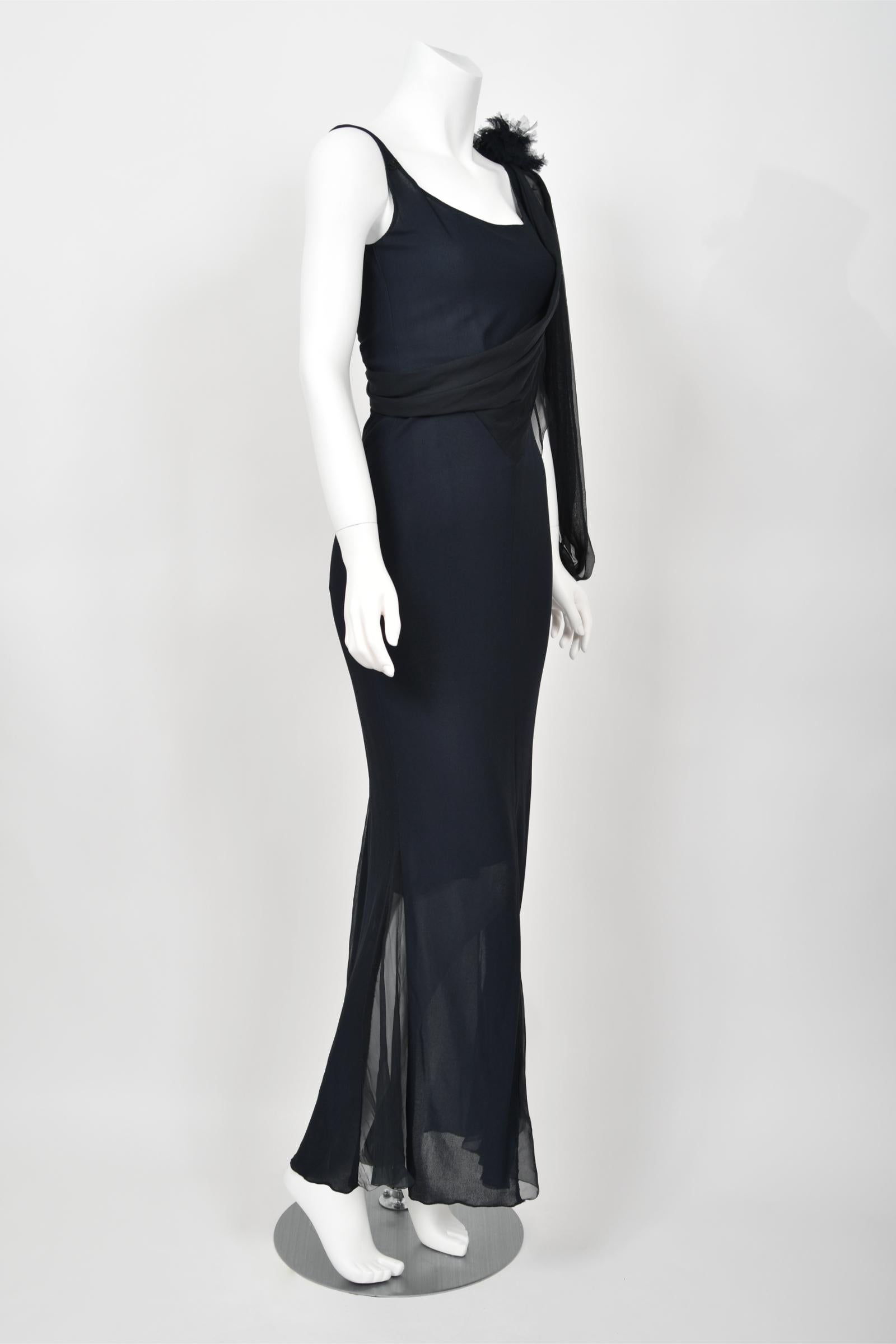 2002 Chanel Cruise Collection Midnight Blue Silk Chiffon Draped Bias-Cut Gown For Sale 8