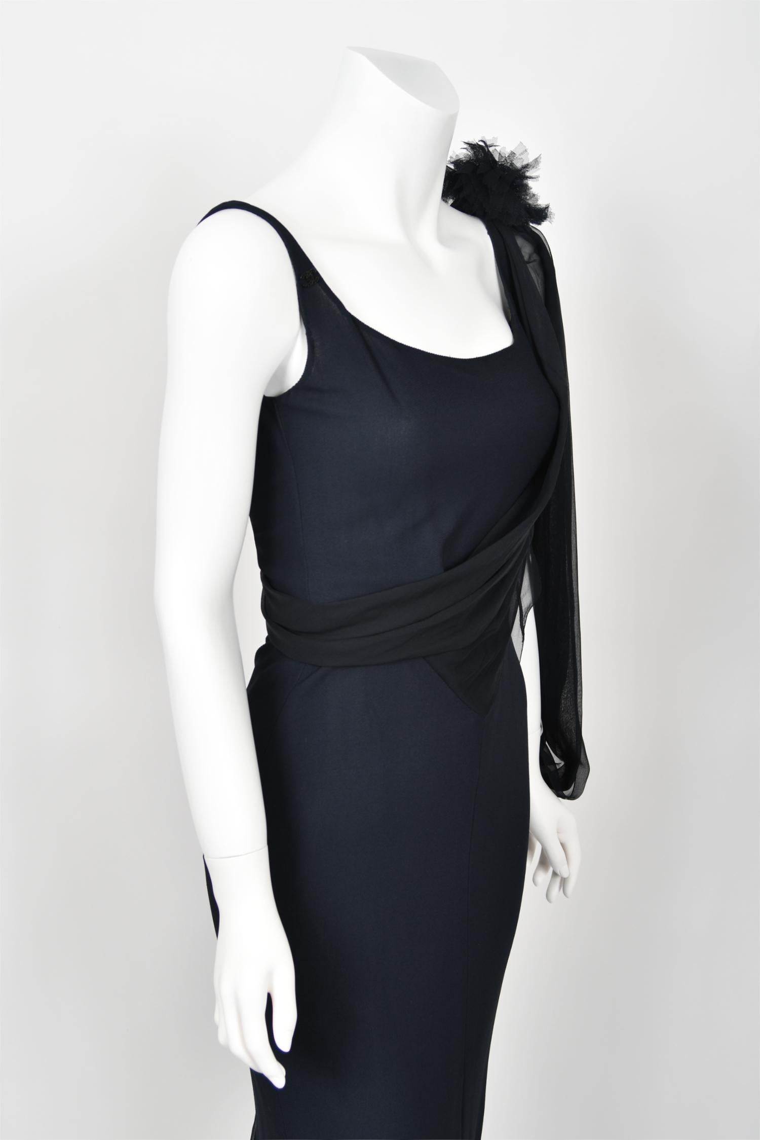 2002 Chanel Cruise Collection Midnight Blue Silk Chiffon Draped Bias-Cut Gown For Sale 9