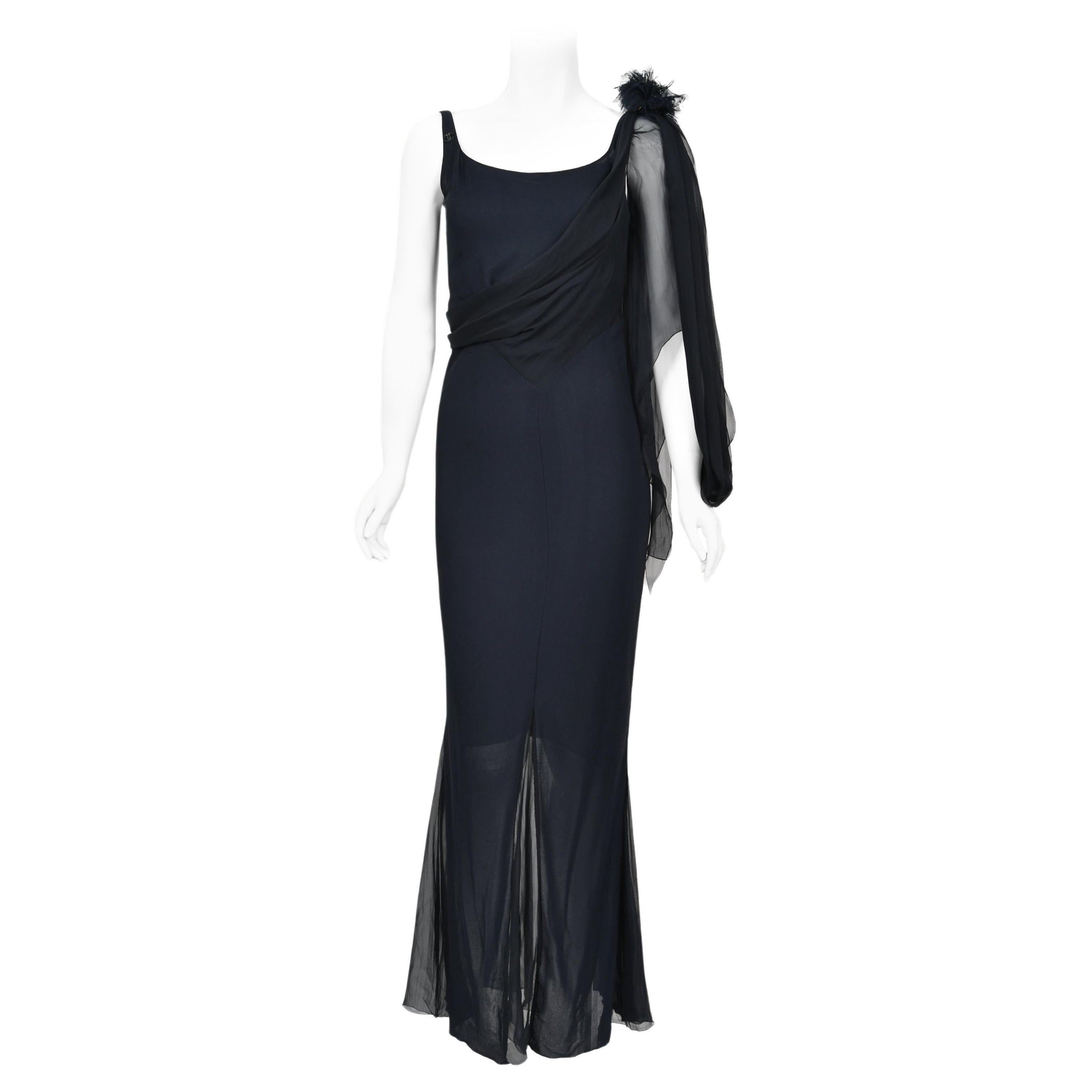 2002 Chanel Cruise Collection Midnight Blue Silk Chiffon Draped Bias-Cut Gown For Sale