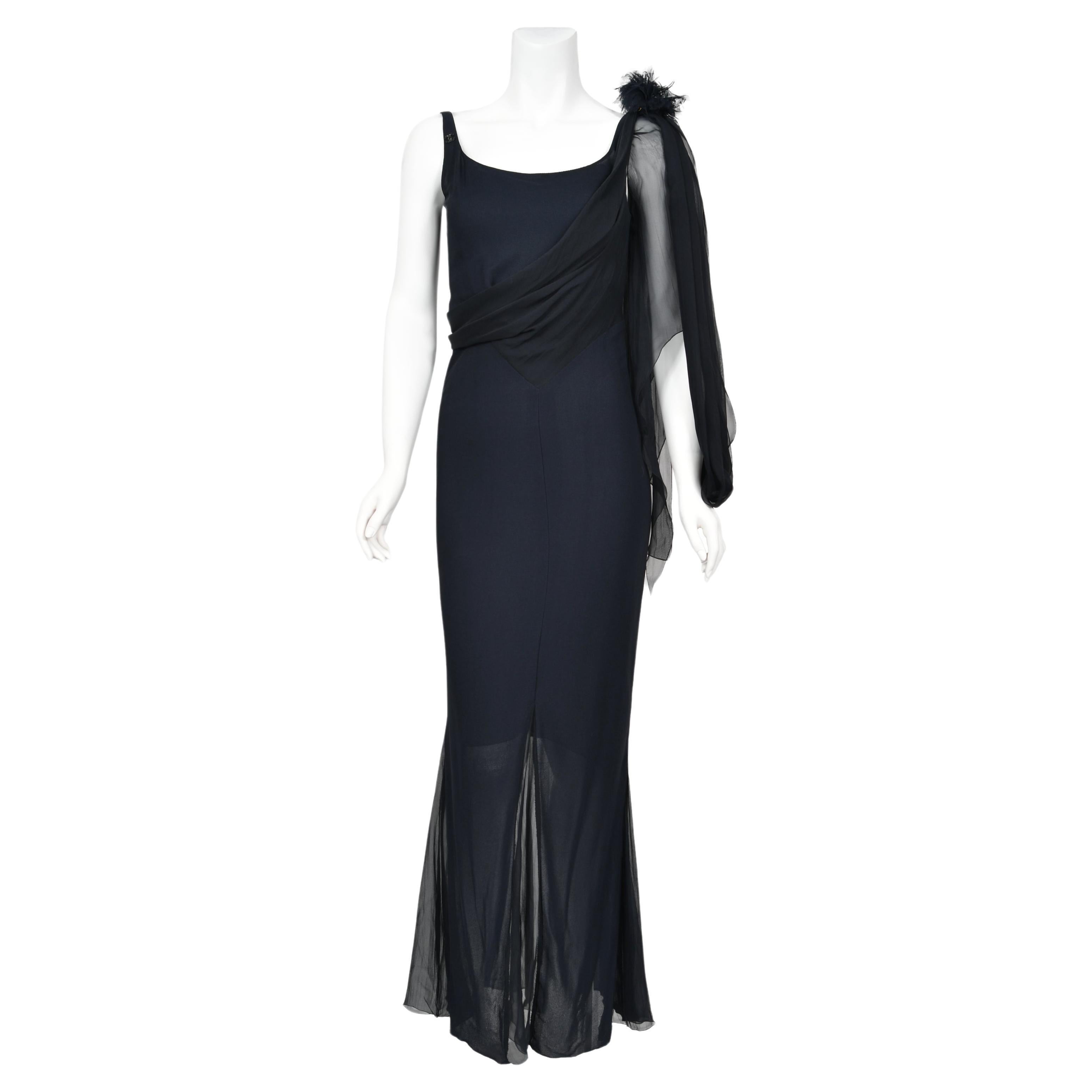 2002 Chanel Cruise Collection Midnight Blue Silk Chiffon Draped Bias-Cut Gown For Sale