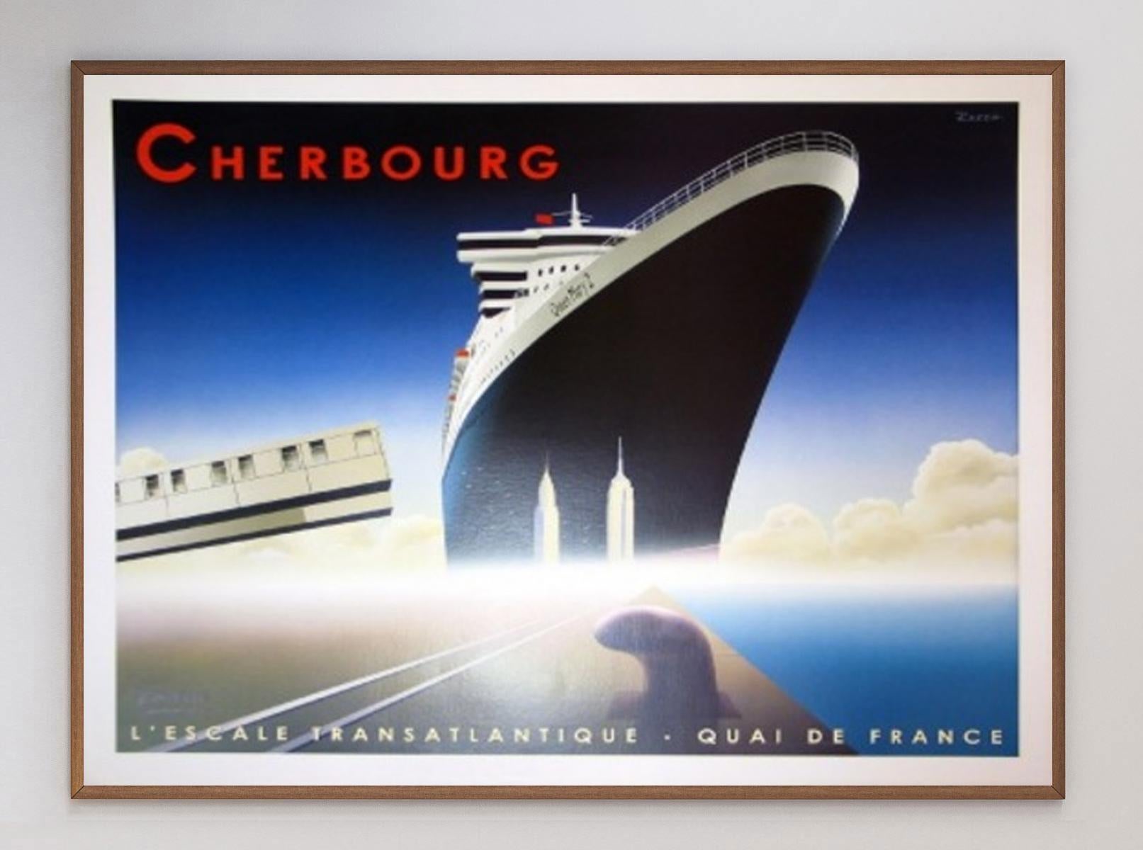 Stunning art deco poster featuring artwork from the renowned poster artist Gerard Courbouleix better known as Razzia. Created in 2002, it depicts the Queen Mary II which was soon to have its maiden voyage, and reads 