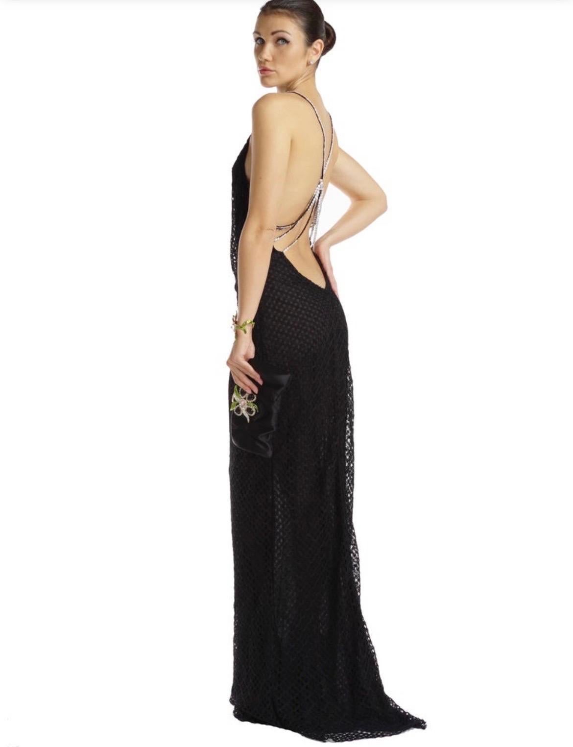 Women's 2002 Gianni Versace Couture Vintage Black Gown w/ Crystal Embellished Open Back For Sale