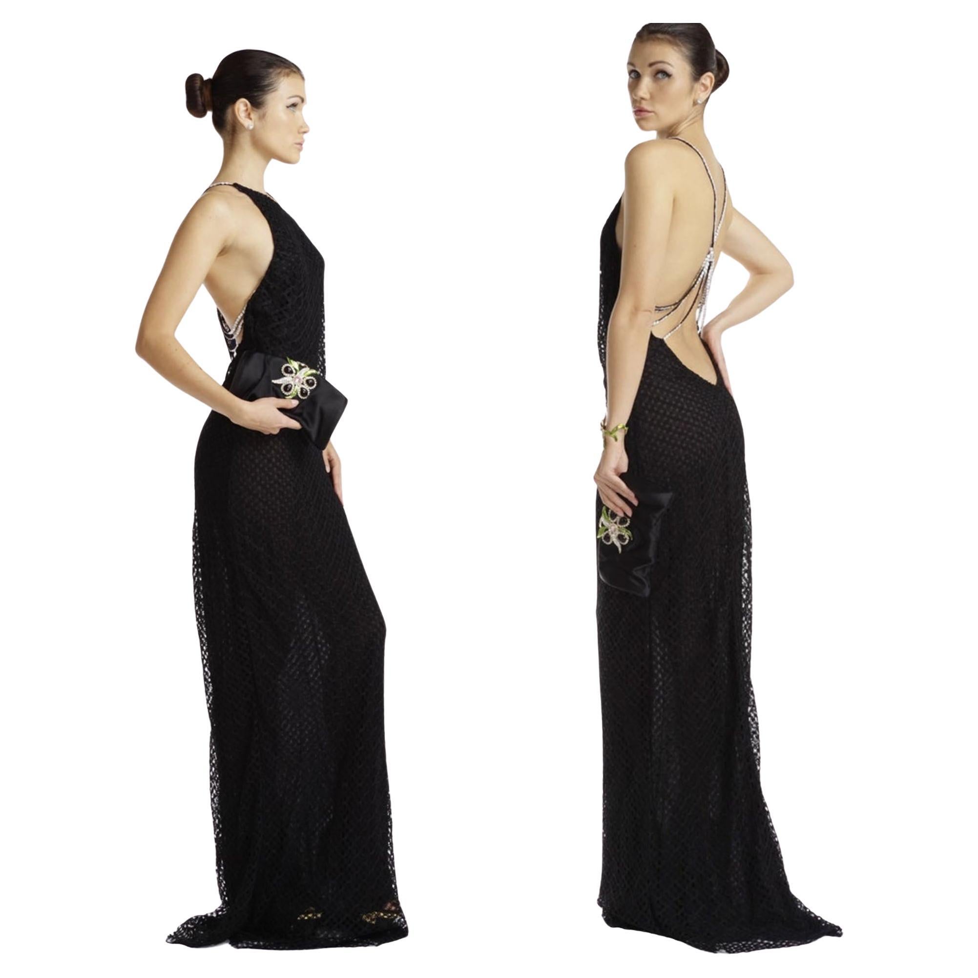 2002 Gianni Versace Couture Vintage Black Gown w/ Crystal Embellished Open Back For Sale
