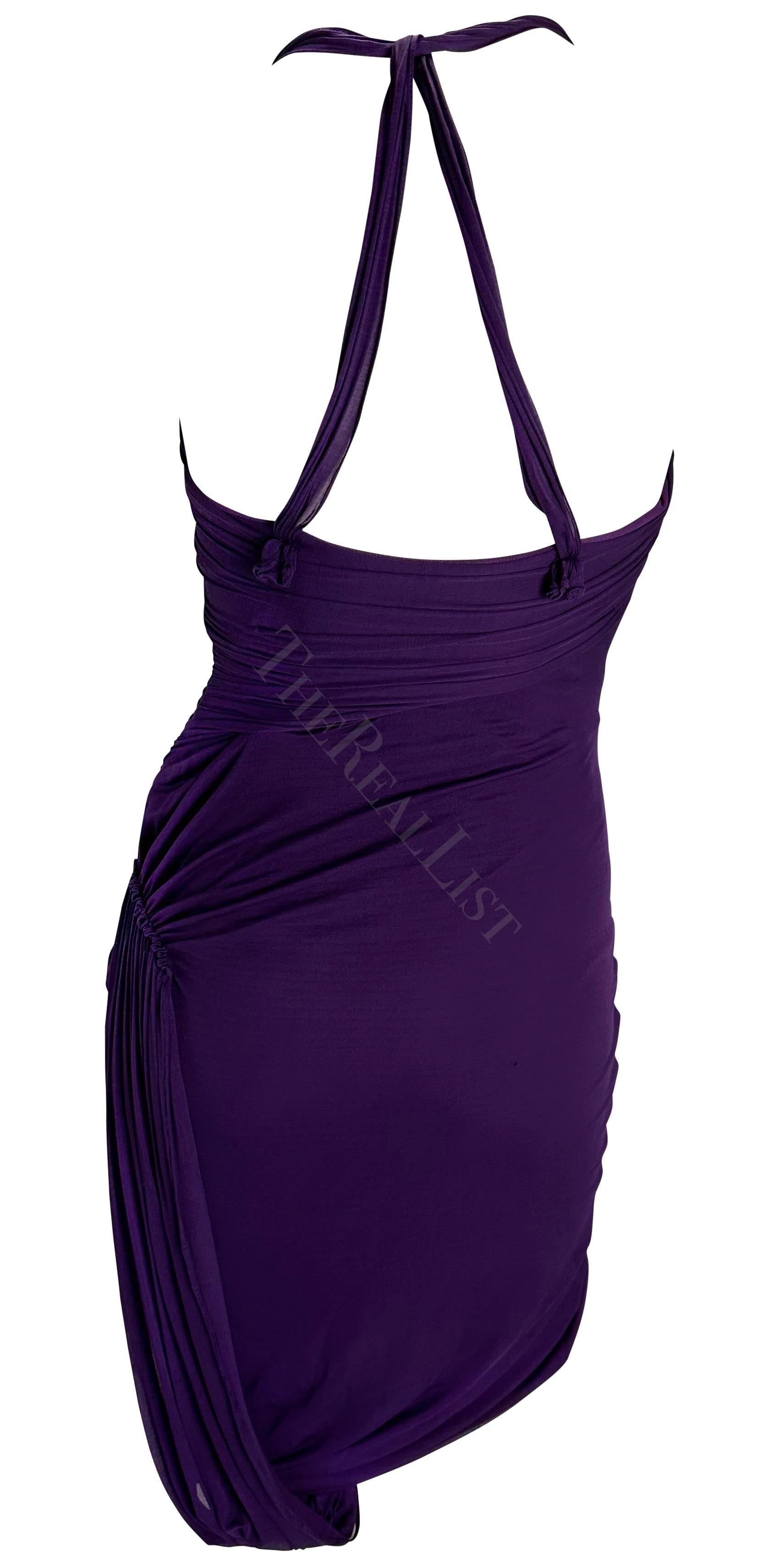 2002 Gucci by Tom Ford Ruched Purple Bandage Faux Wrap Silk Bodycon Mini Dress For Sale 1