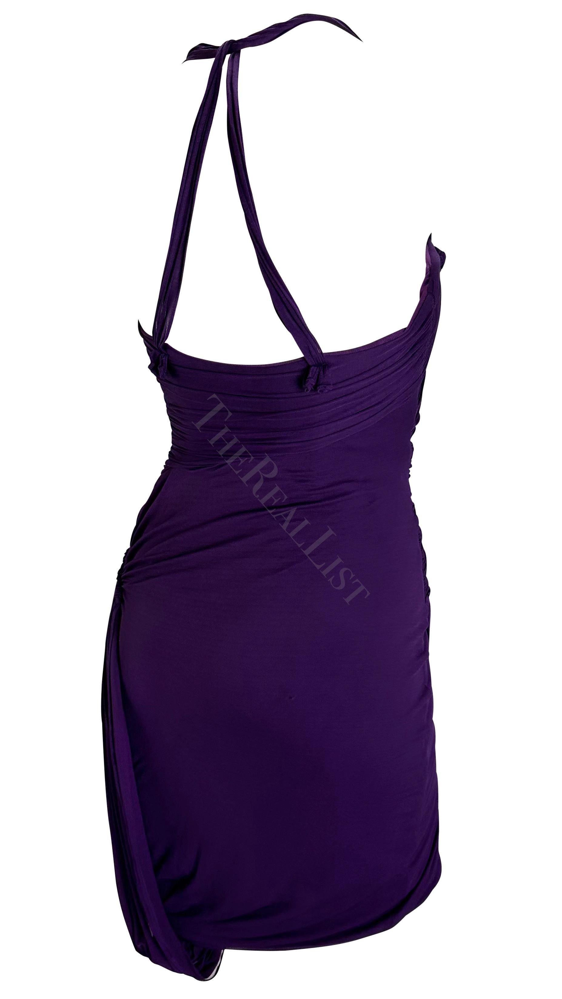 2002 Gucci by Tom Ford Ruched Purple Bandage Faux Wrap Silk Bodycon Mini Dress For Sale 2
