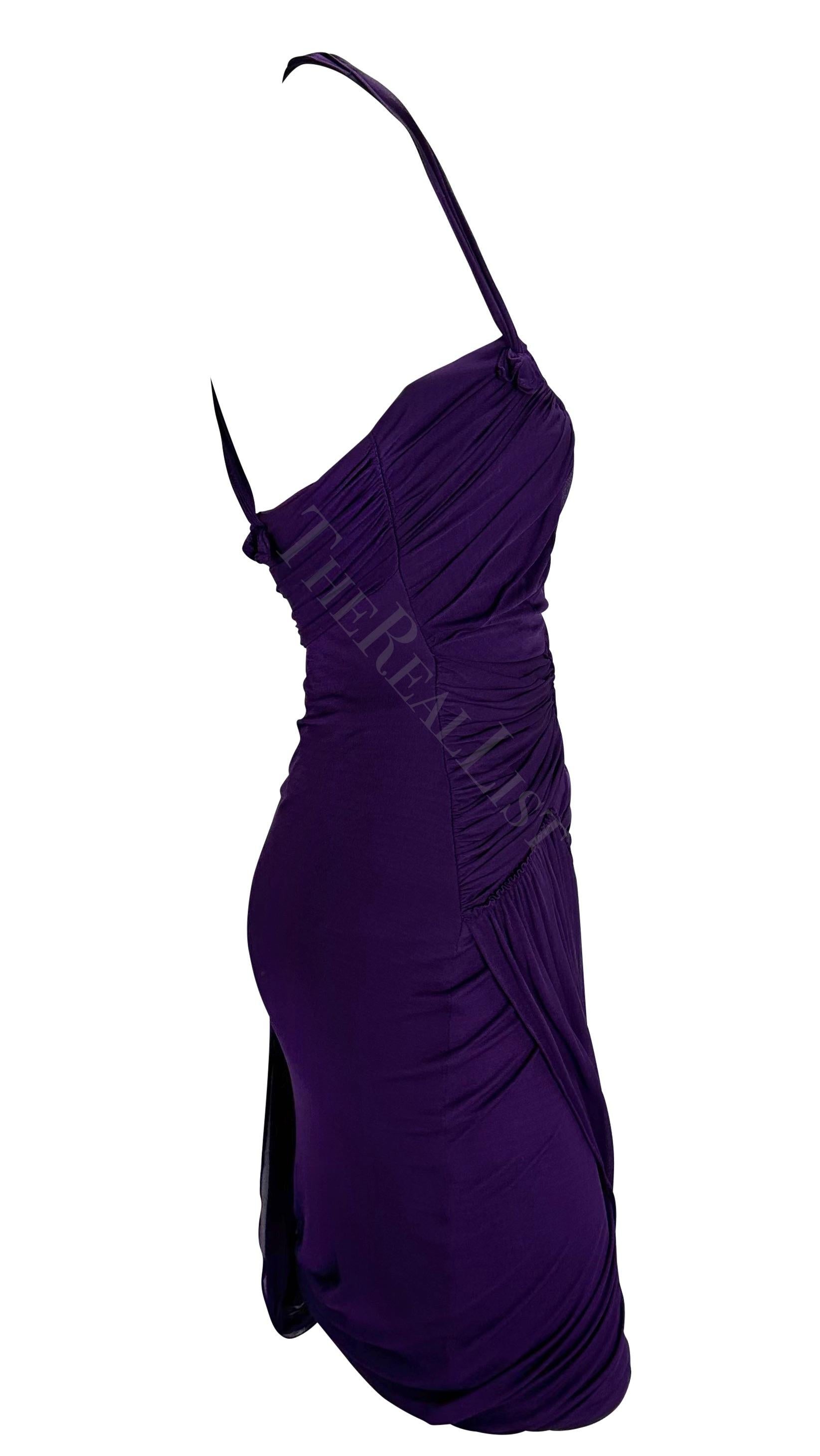 2002 Gucci by Tom Ford Ruched Purple Bandage Faux Wrap Silk Bodycon Mini Dress For Sale 3