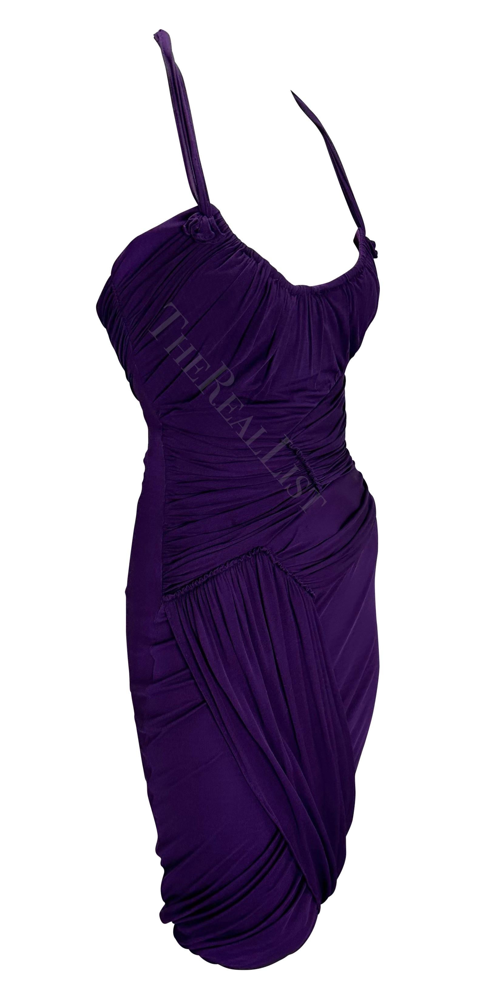 2002 Gucci by Tom Ford Ruched Purple Bandage Faux Wrap Silk Bodycon Mini Dress For Sale 4