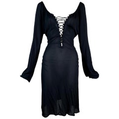 2002 Gucci by Tom Ford Semi-Sheer Plunging Lace Up L/S Dress