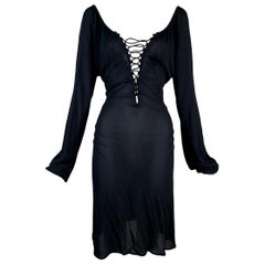 2002 Gucci by Tom Ford Semi-Sheer Plunging Lace Up L/S Dress